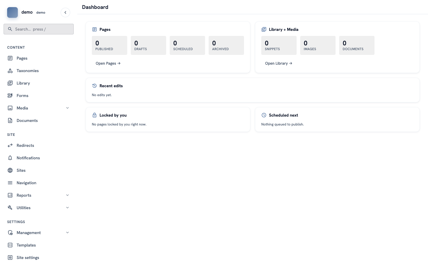The dashboard with boxes for pages, library and media, recent edits and locked pages