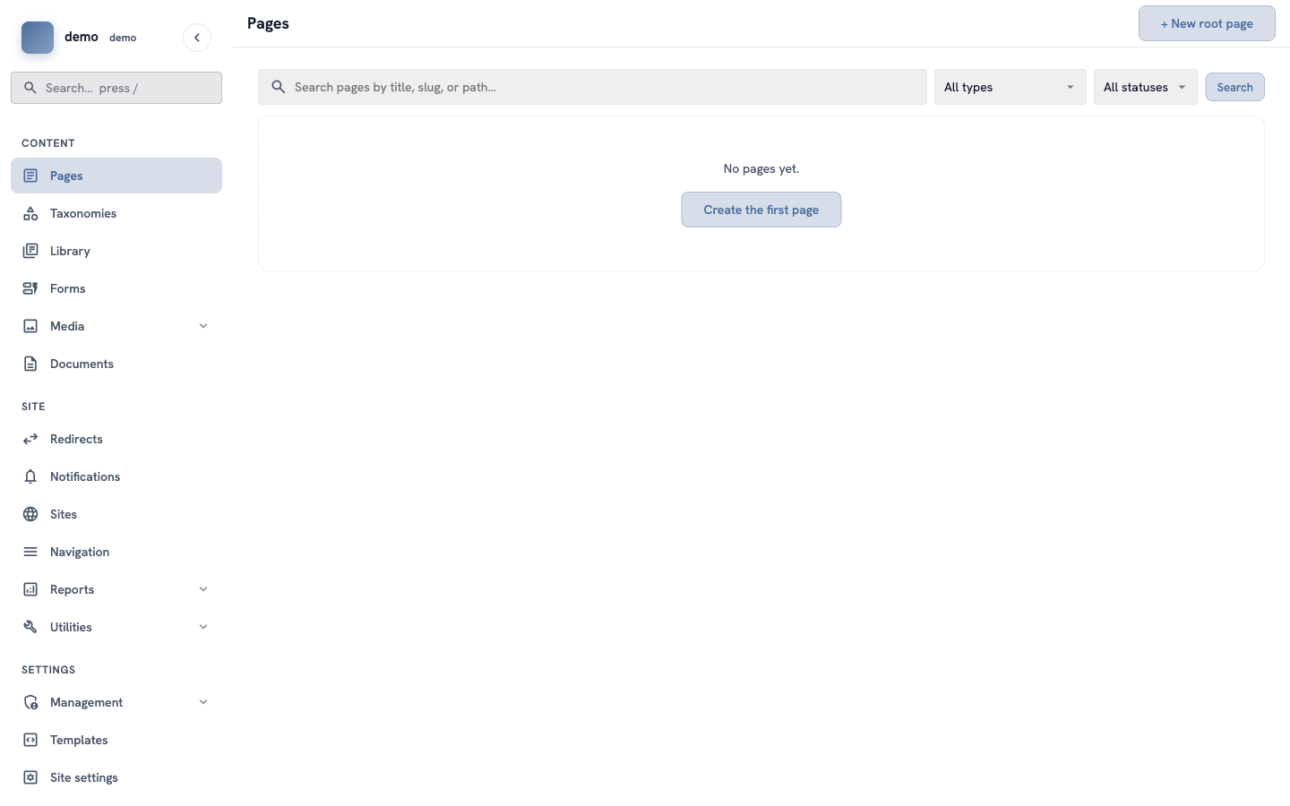 The Pages screen with the message "No pages yet"