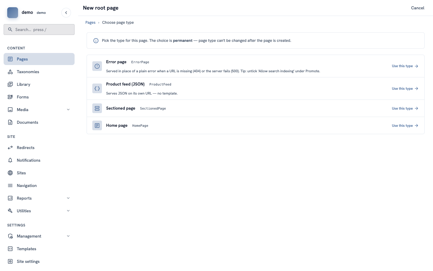 The list of page types: Error page, Product feed, Sectioned page and Home page