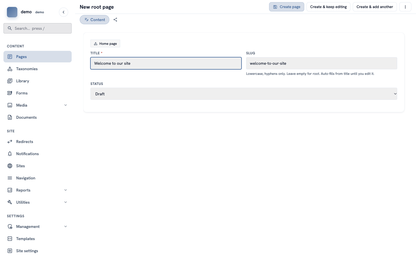 The new page form with the title "Welcome to our site" and the slug "welcome-to-our-site"