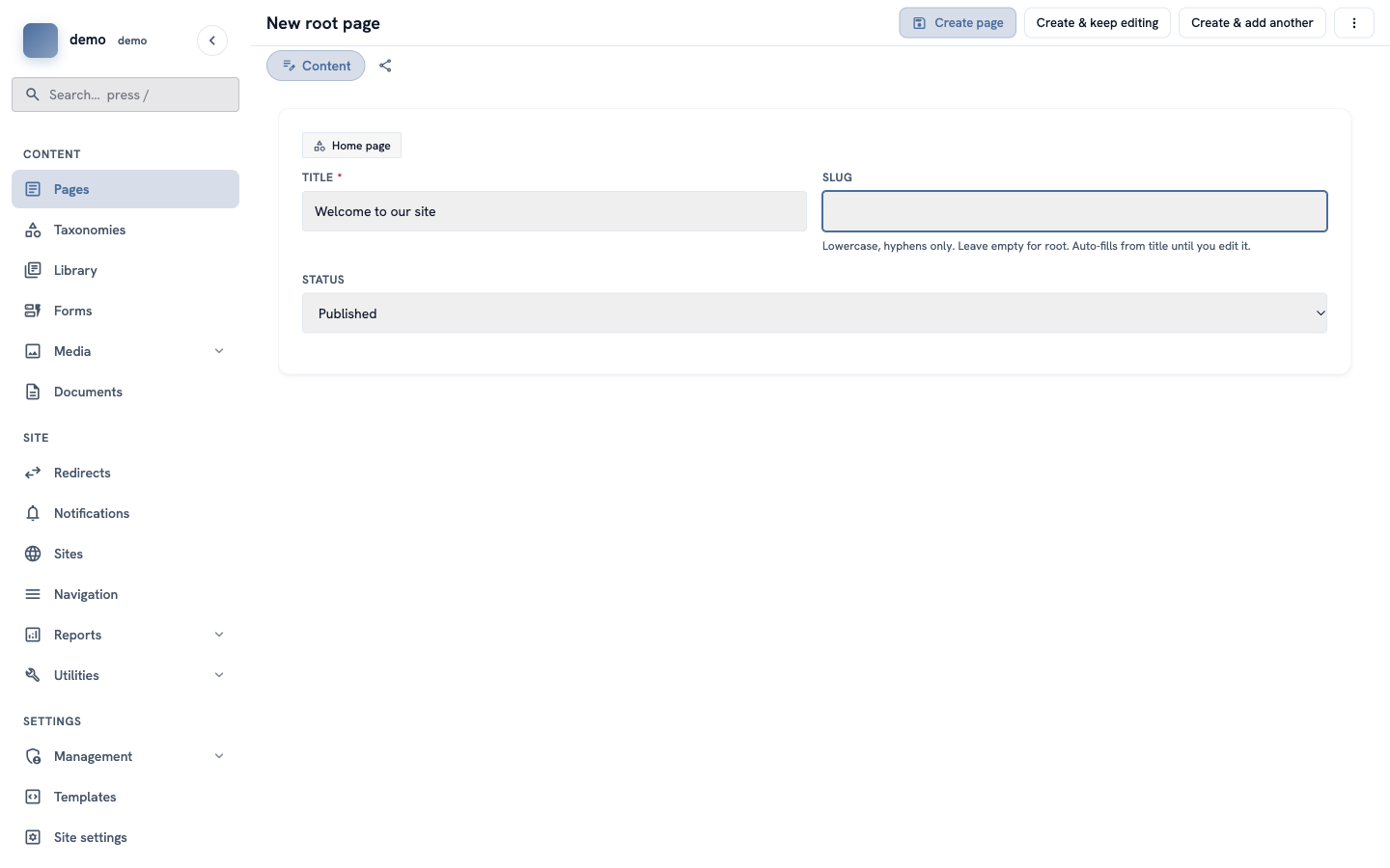 The same form with an empty slug box and the status "Published"