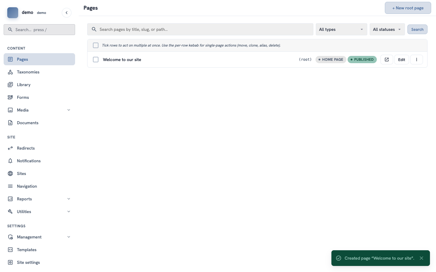 The Pages list with "Welcome to our site", the address "(root)" and a green PUBLISHED label