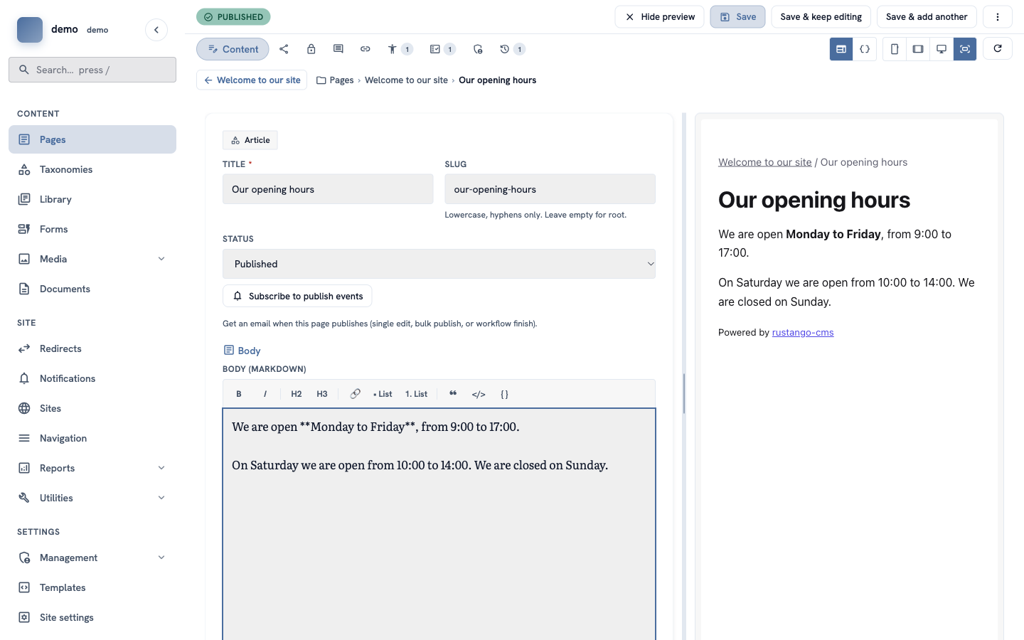 The page editor: the form on the left and the preview of the page on the right