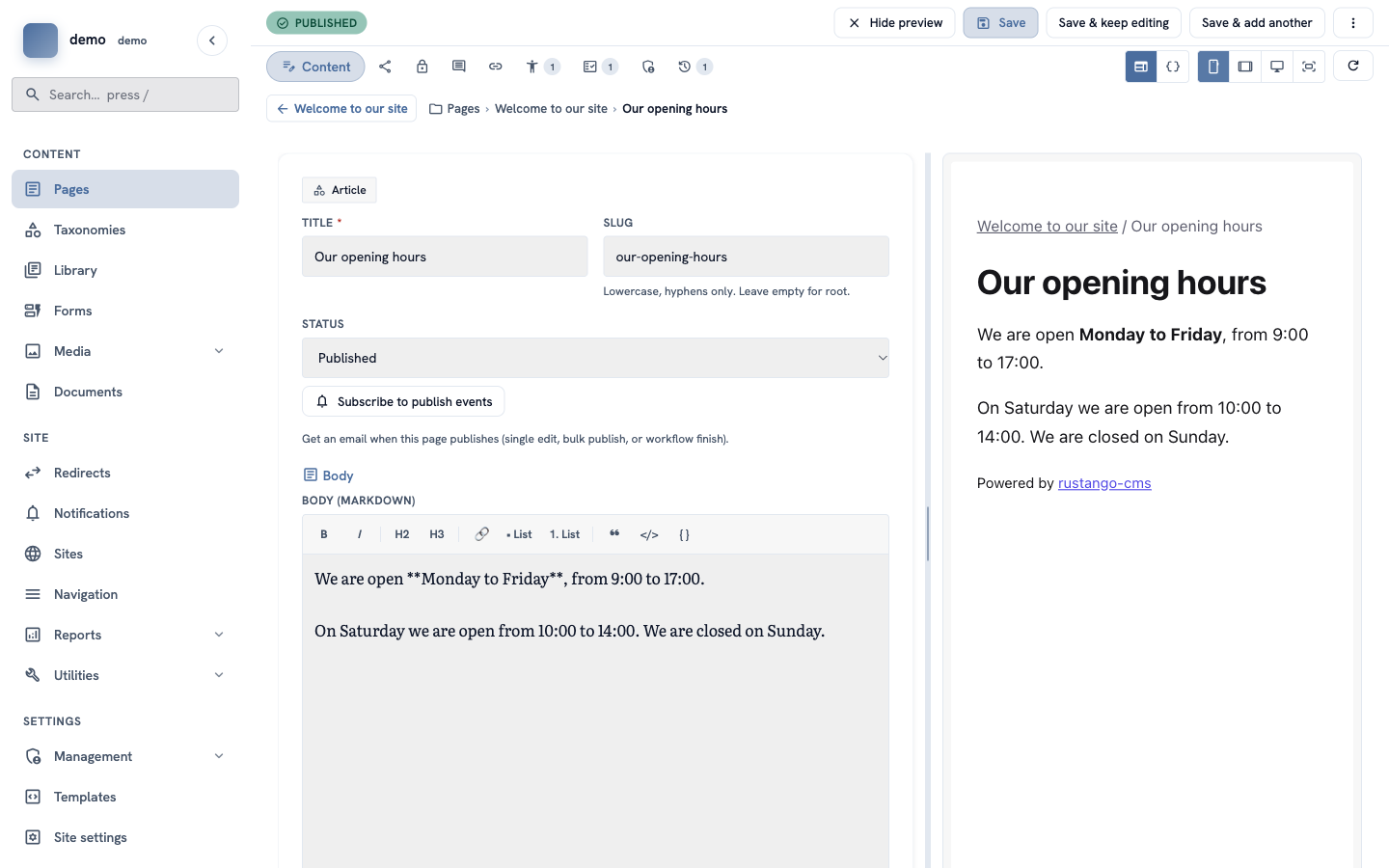 The editor with the phone button selected; the preview shows a narrow page