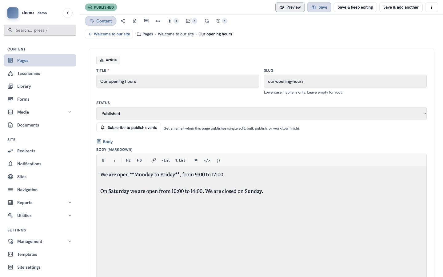 The editor without the preview; the button at the top now says "Preview"