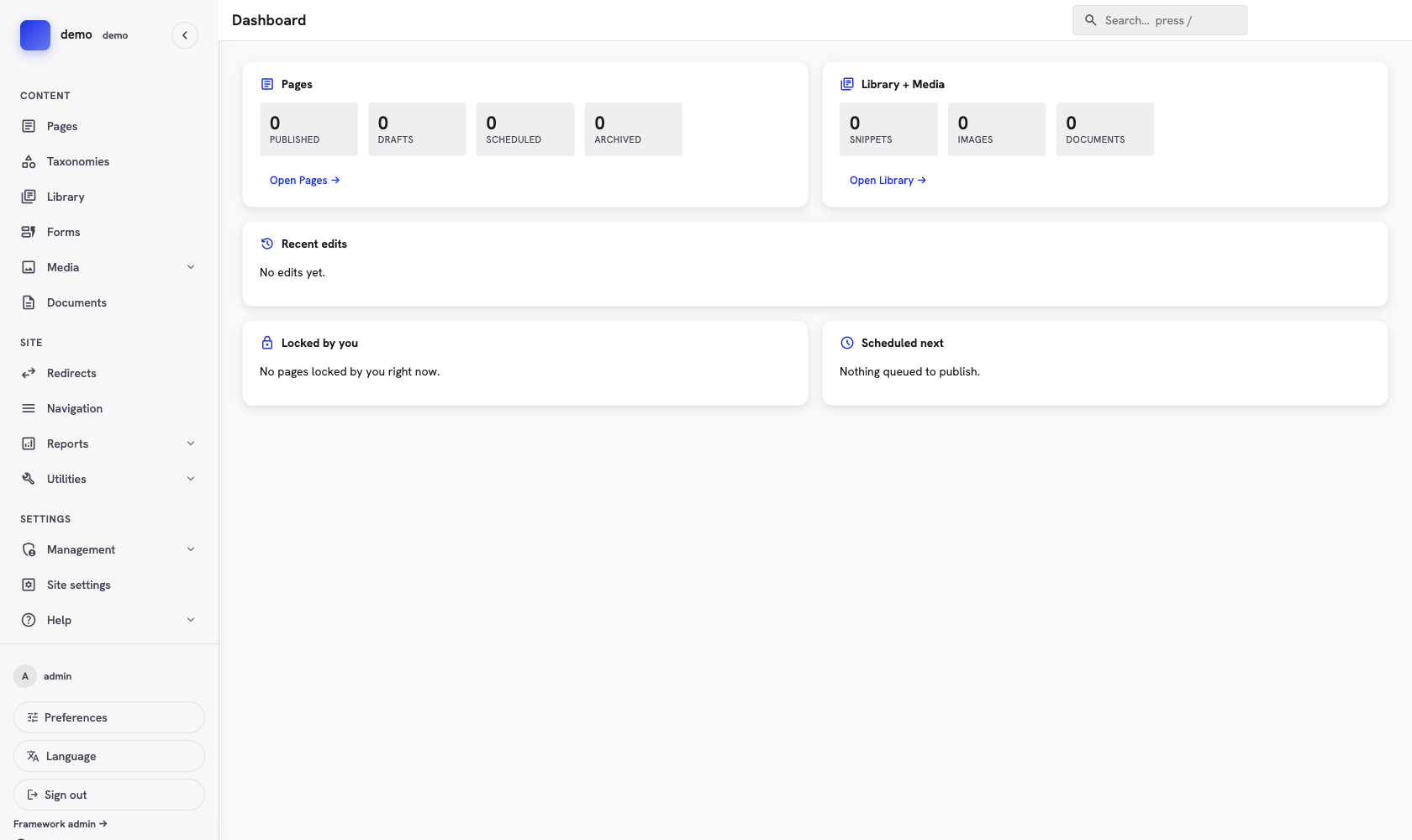 The admin dashboard, showing zero pages, zero snippets and no recent edits on a fresh install