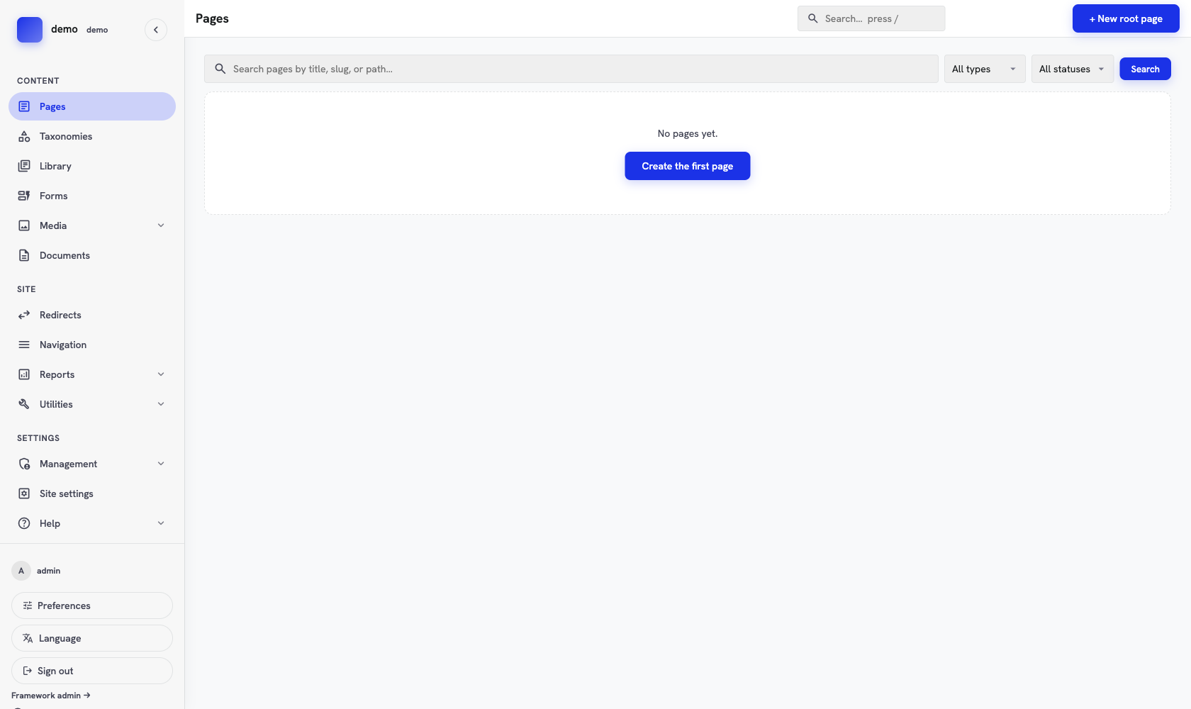 The Pages screen on a fresh site, reading "No pages yet" with a link to create the first page