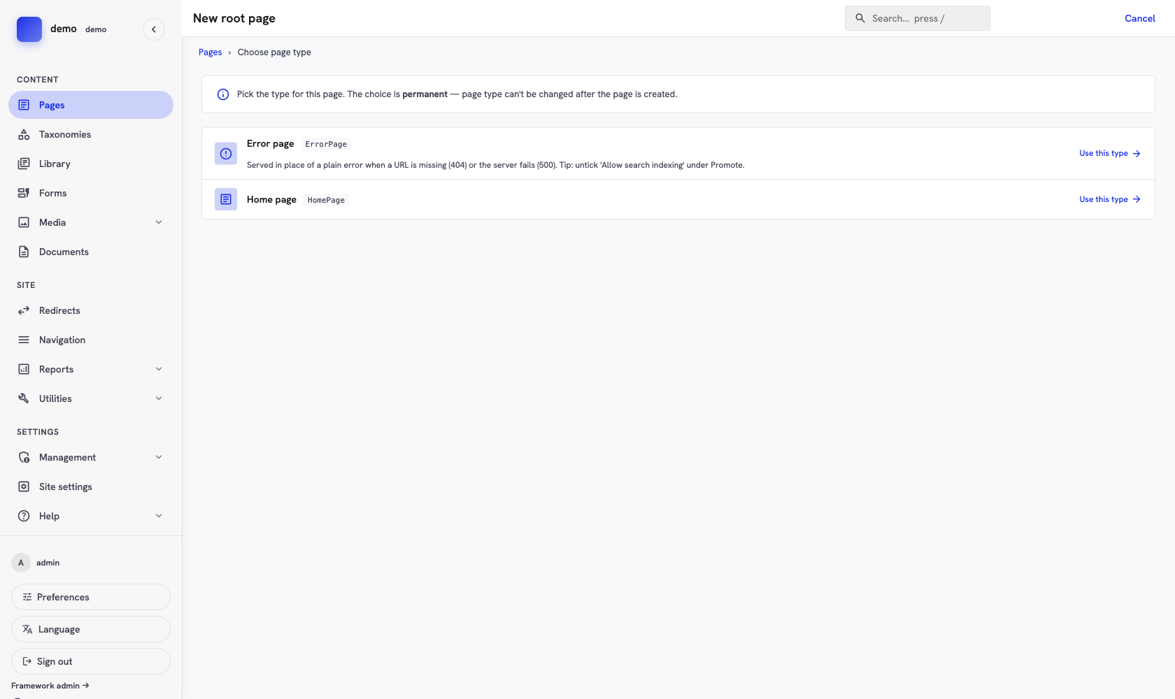 The page-type picker offering two choices at the root: Error page and Home page