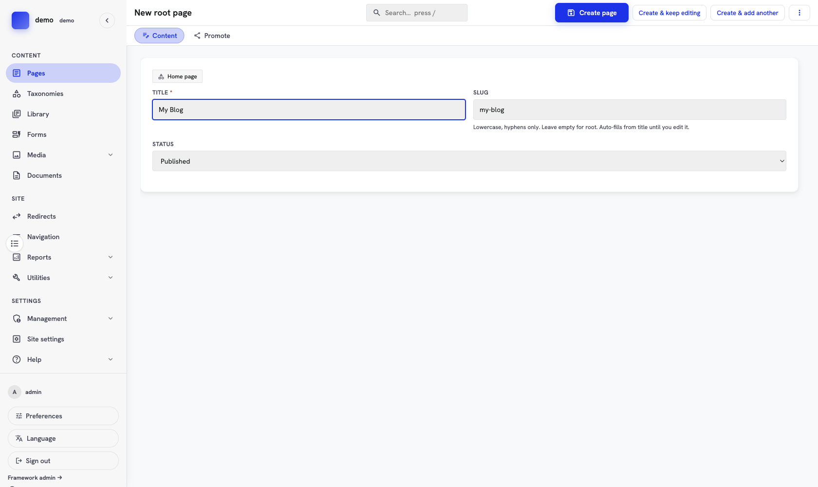 The new-page form with the title "My Blog", the slug "my-blog", and status set to Published