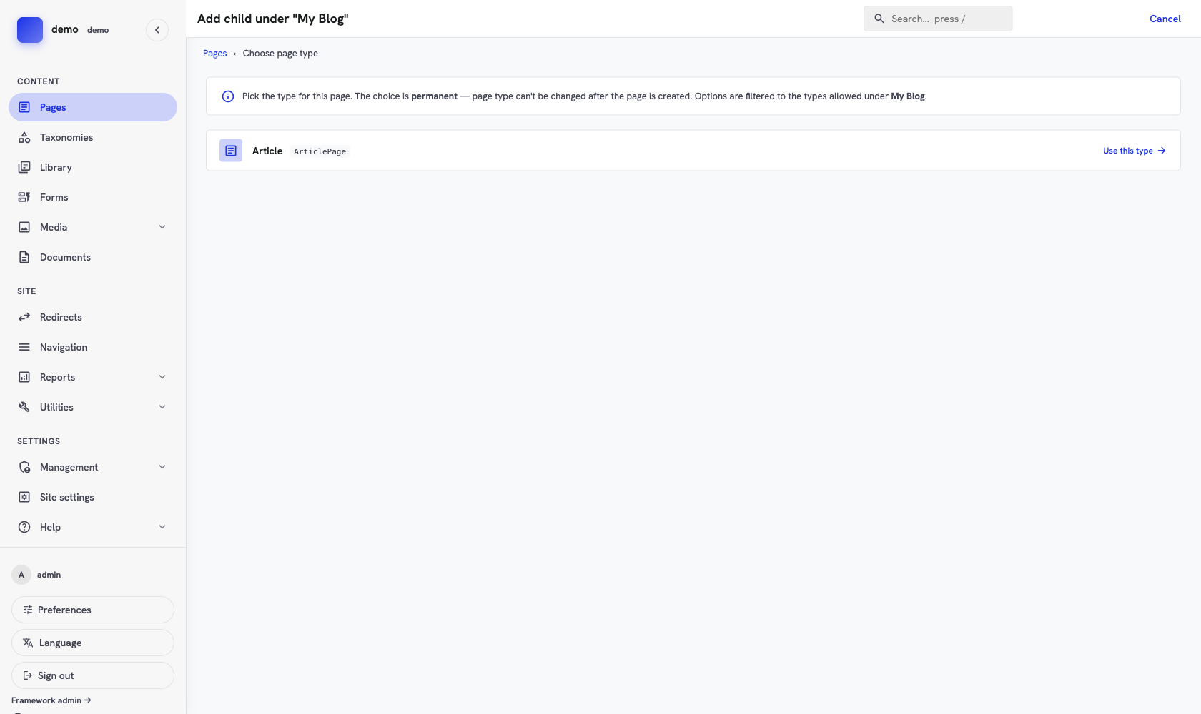 The type picker under My Blog, offering only Article