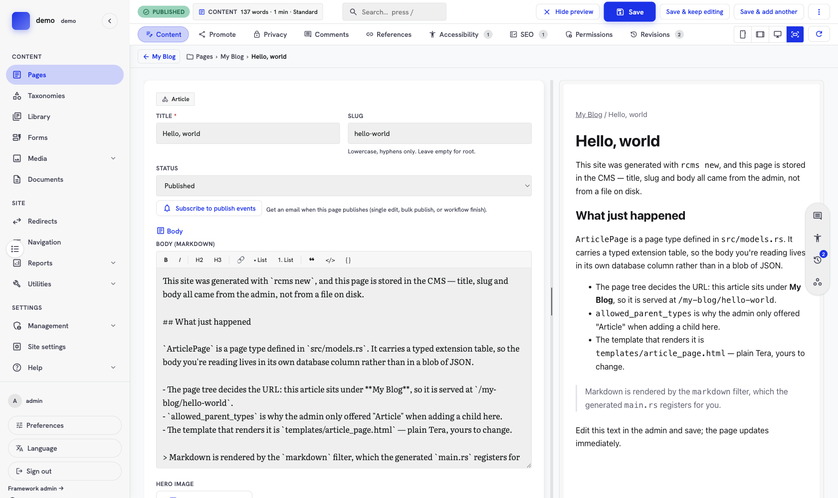 The page editor with a Markdown body on the left and a live preview of the rendered article on the right
