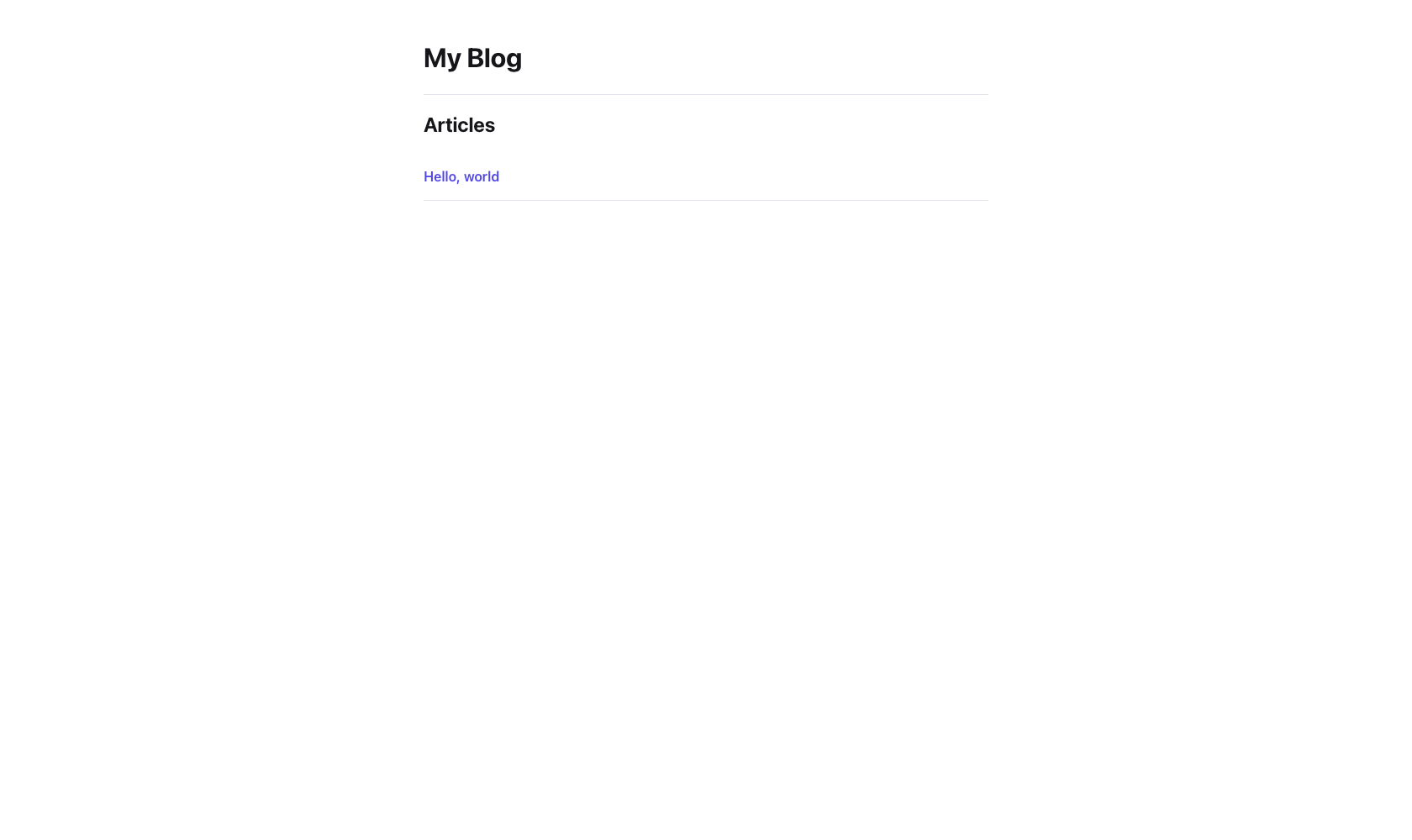 The public home page, listing "Hello, world" under an Articles heading
