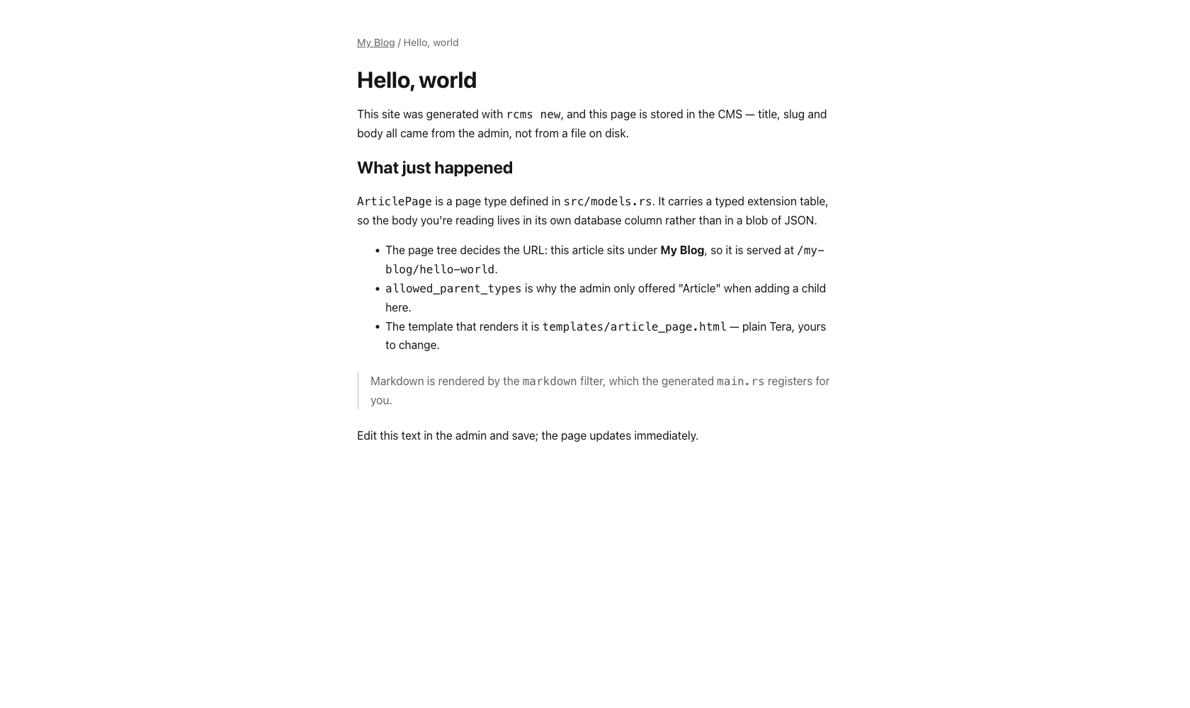 The rendered article, with headings, a bulleted list and a blockquote from the Markdown body