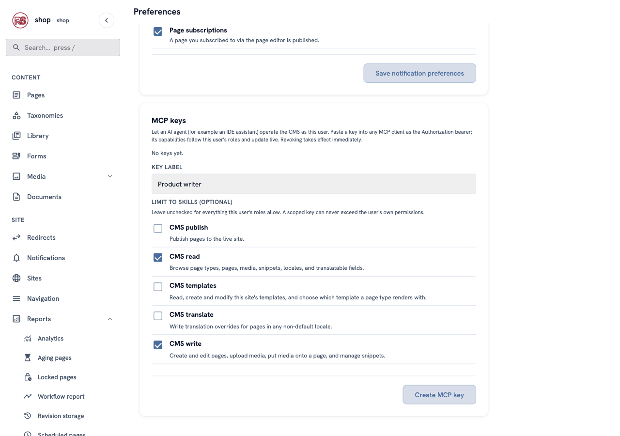 The MCP keys card: "Product writer" as the label, and only CMS read and CMS write ticked