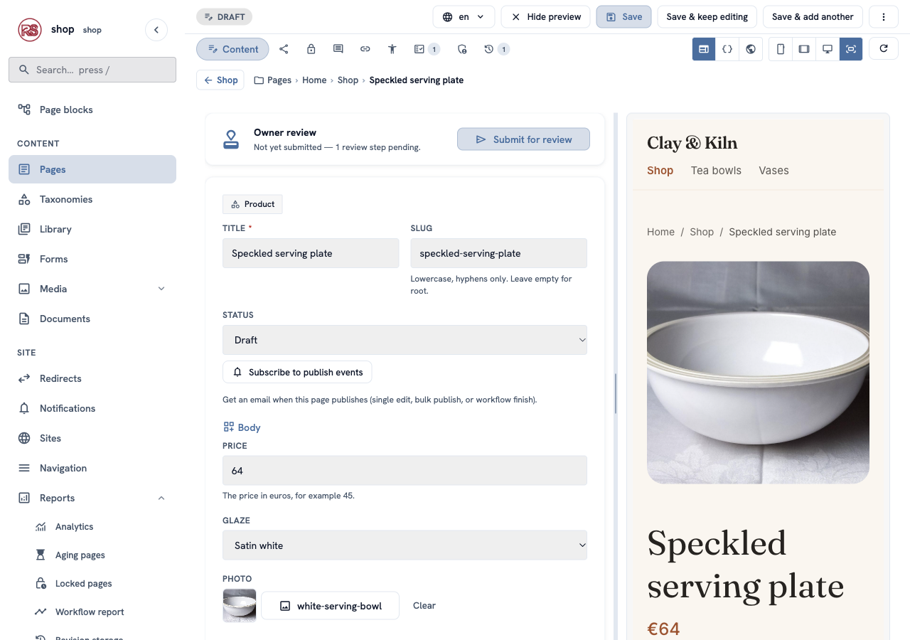 The page editor with the draft "Speckled serving plate": price 64, glaze Satin white, the photo, and the preview on the right