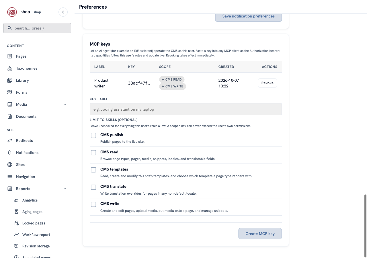 The MCP keys list: one row "Product writer" with the skills CMS read and CMS write, and a Revoke button