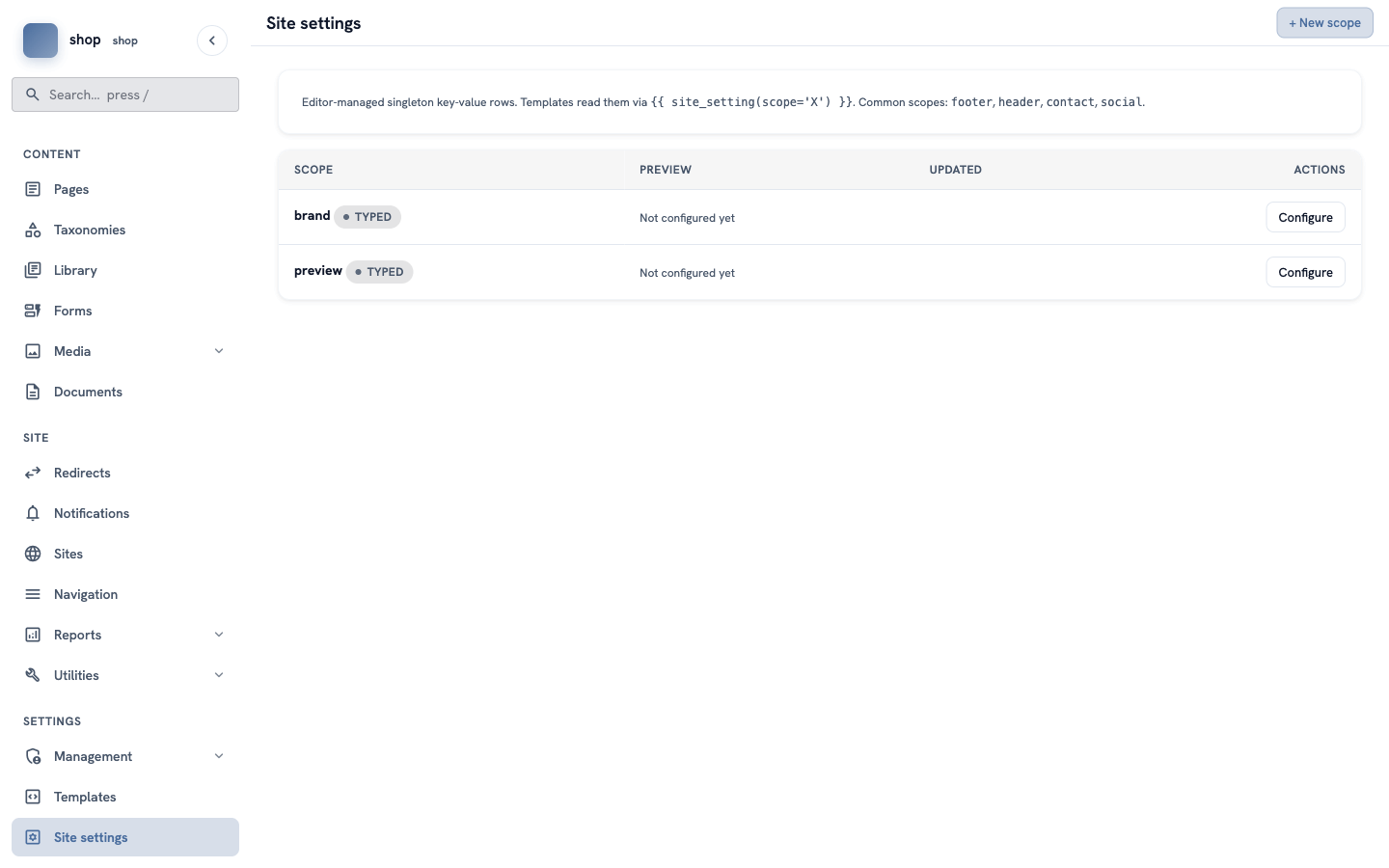 The Site settings screen with the rows "brand" and "preview", both "Not configured yet"