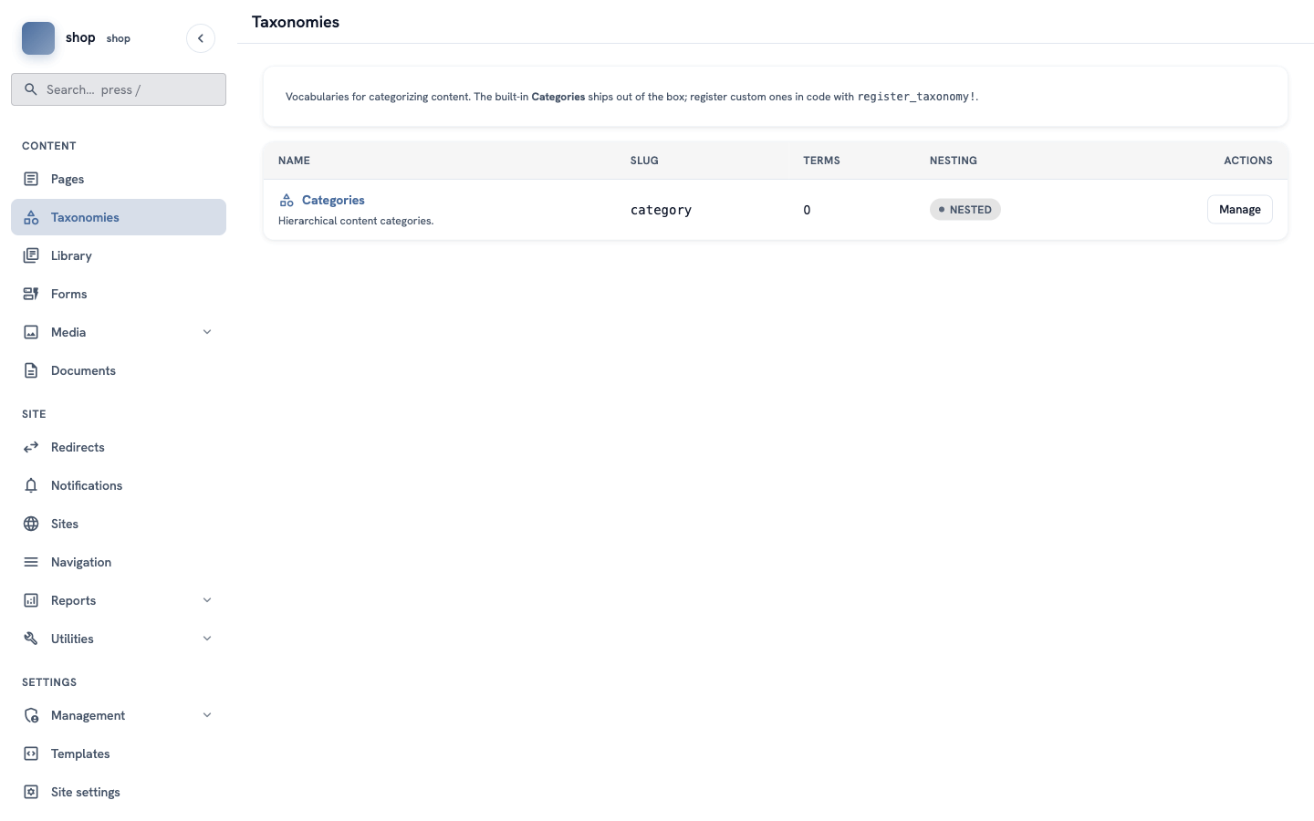 The Taxonomies screen with one row: Categories, slug "category", 0 terms, NESTED