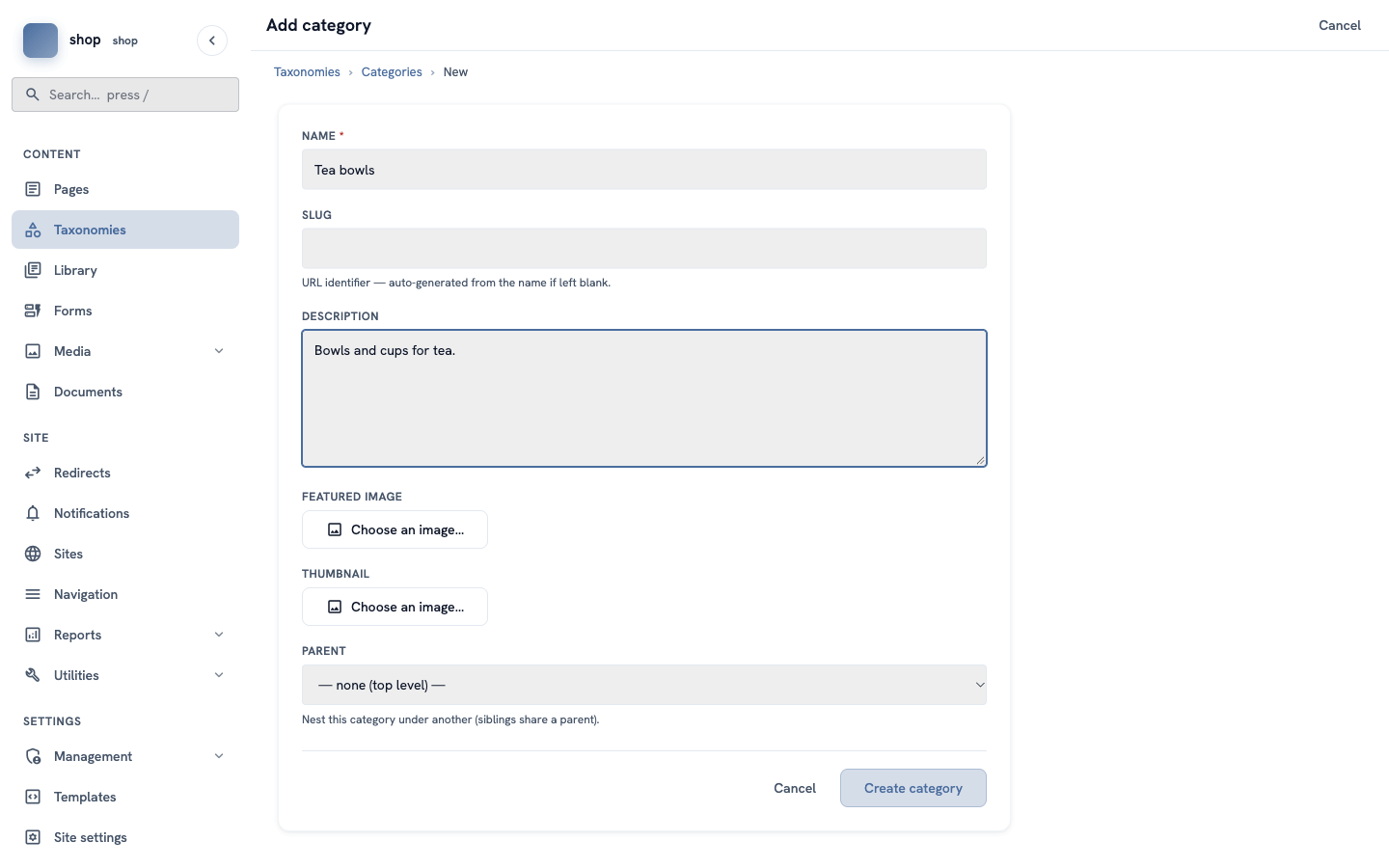 The Add category form with the name "Tea bowls" and the description "Bowls and cups for tea."
