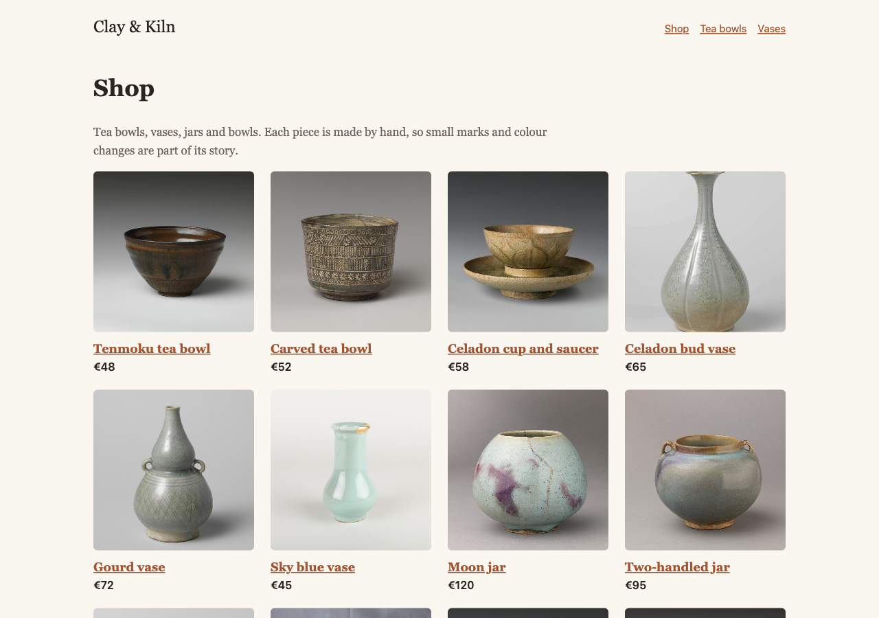 The headless storefront's shop page: thirteen products in a grid, each with a photo, a name and a price