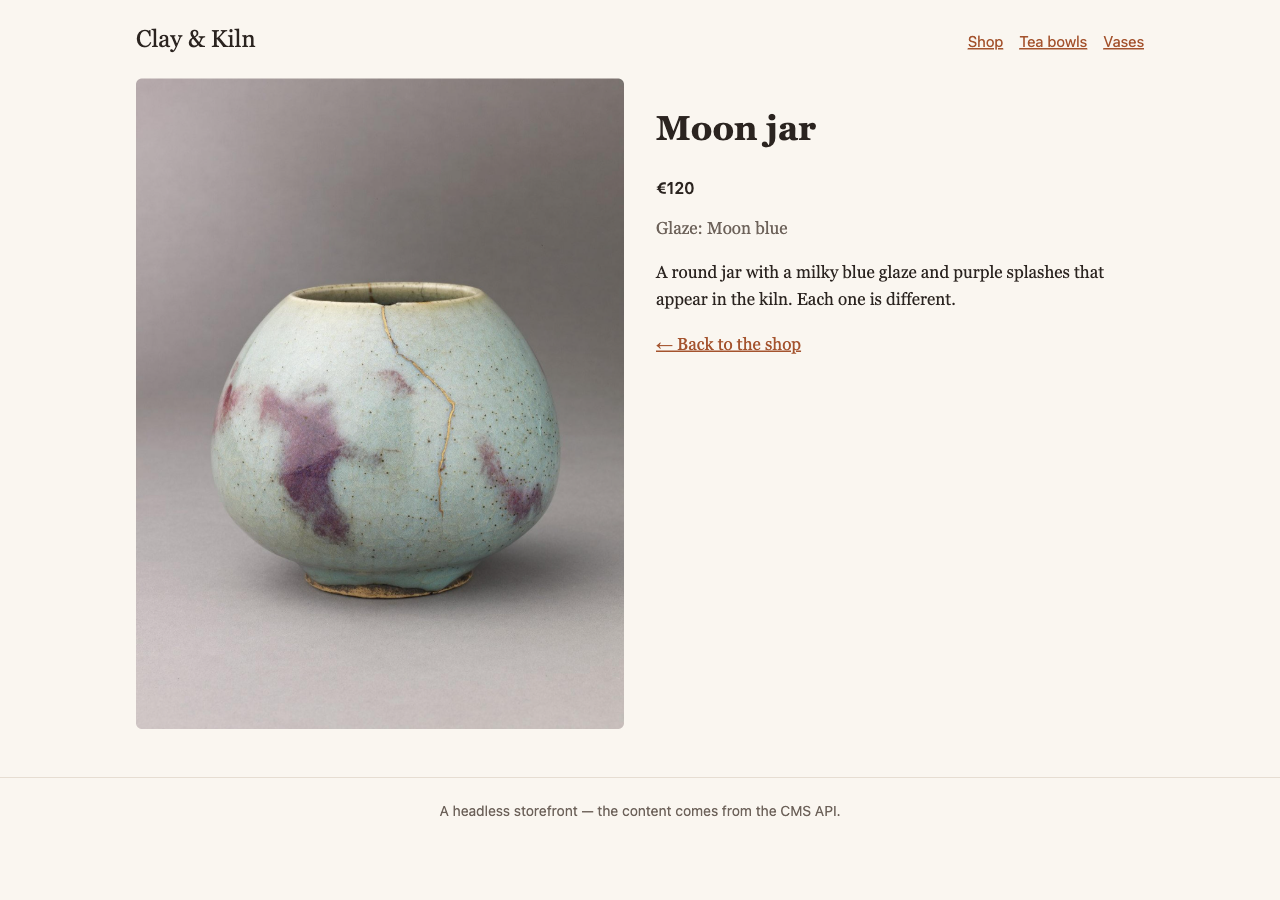 The headless storefront's product page: the Moon jar photo, its price, glaze and description
