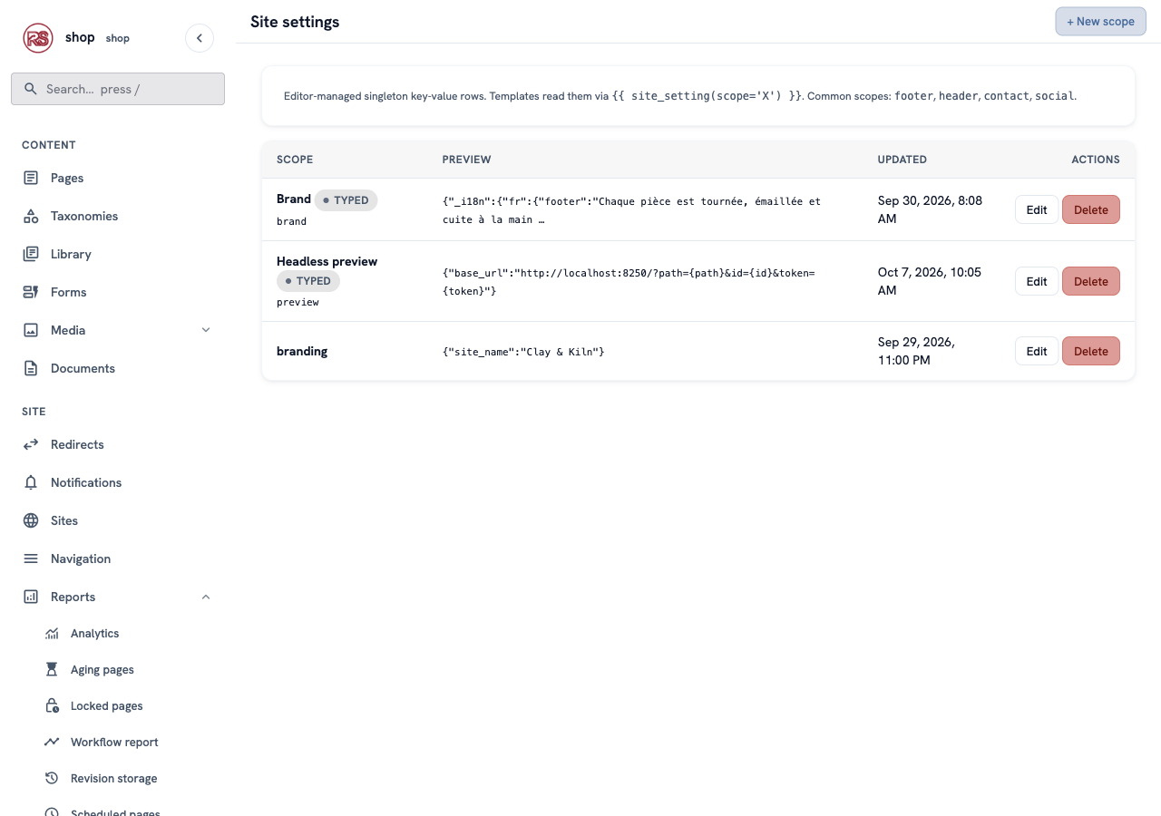 Site settings: the rows Brand, Headless preview and branding