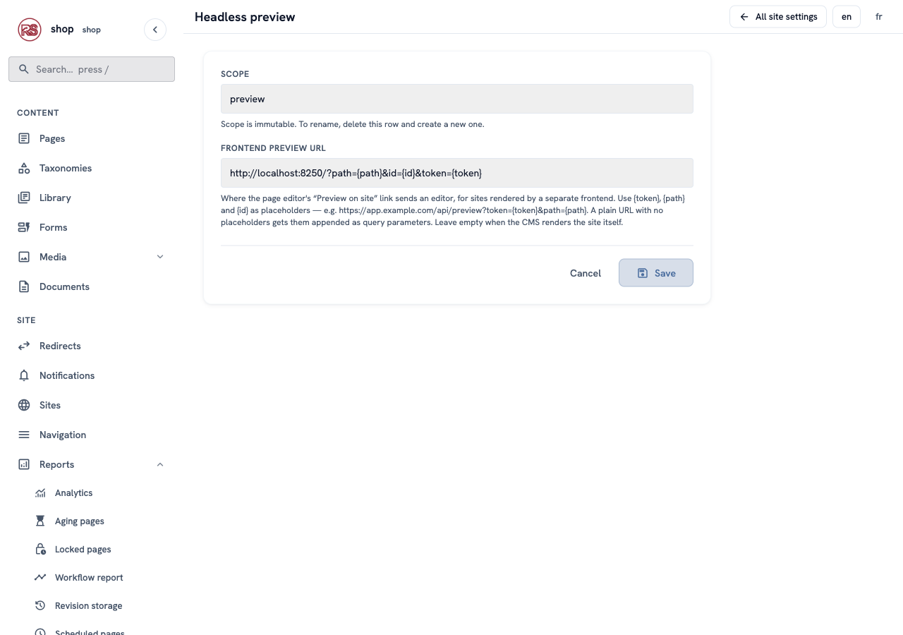 The Headless preview setting with the storefront's address in "Frontend preview URL"