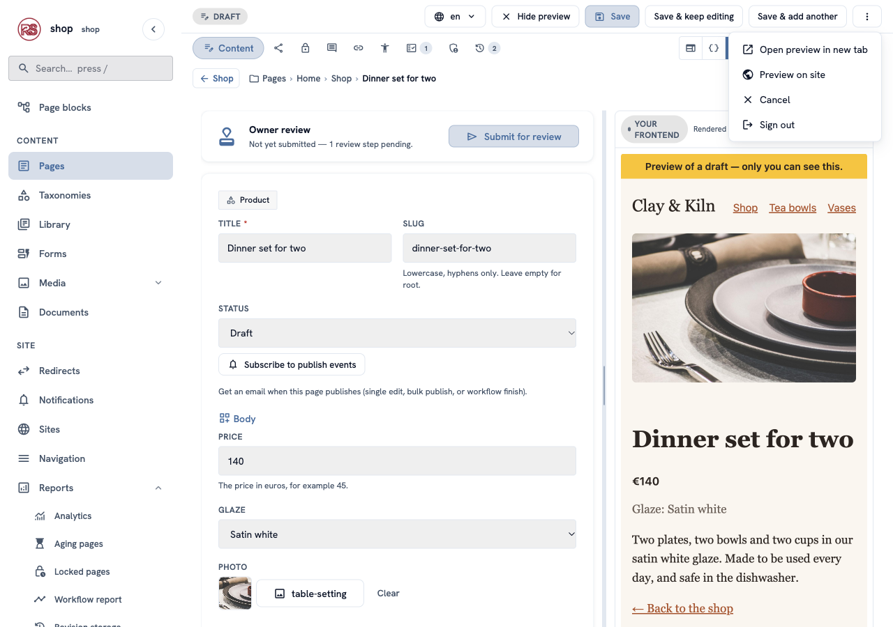 The ⋮ menu of the page editor, with "Open preview in new tab" and "Preview on site"