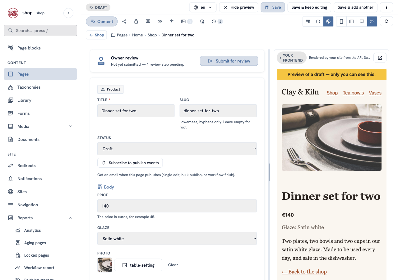 The page editor with a draft product on the left and, on the right, the headless storefront showing that draft under a yellow "Preview of a draft" bar
