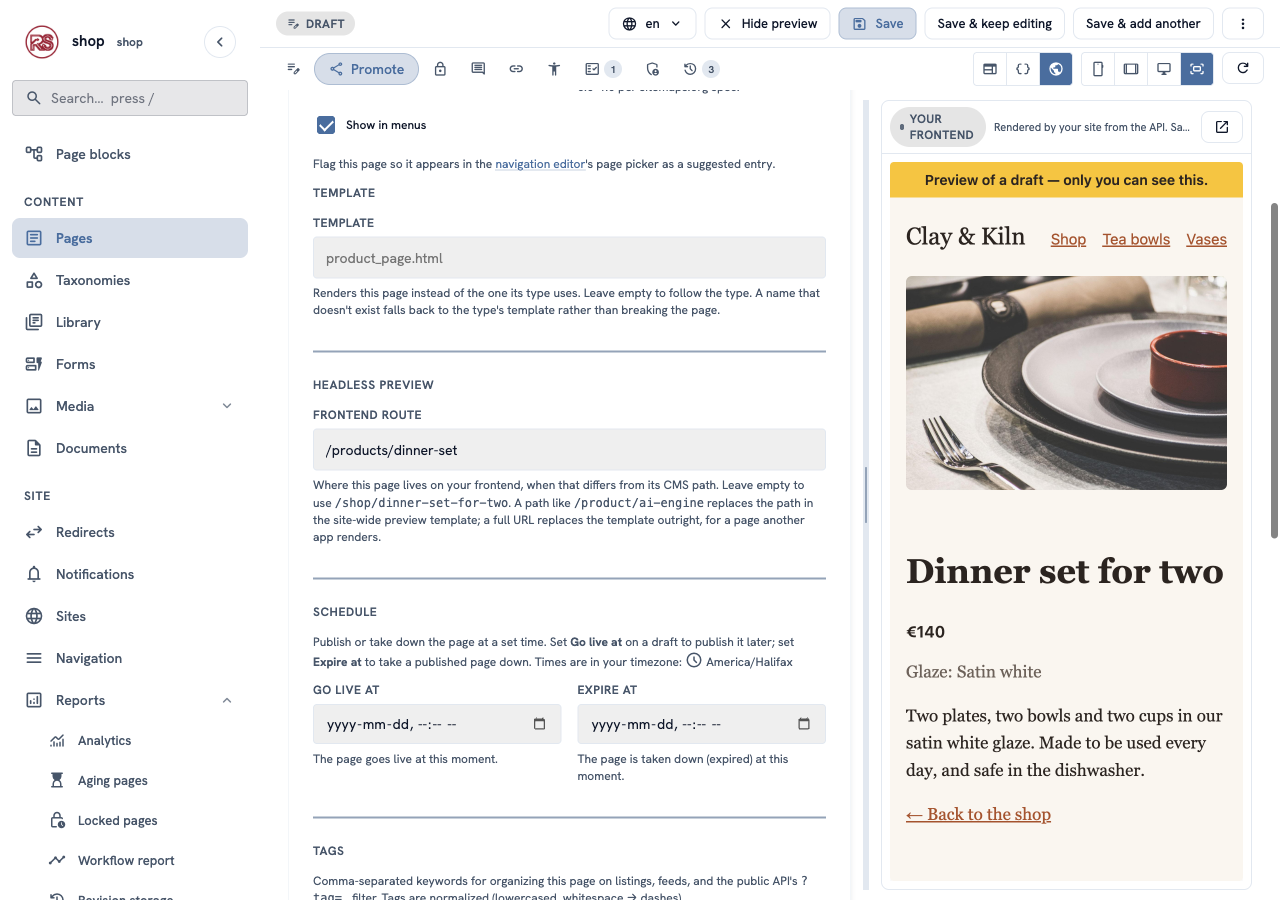 The Promote tab: the Frontend route box with /products/dinner-set