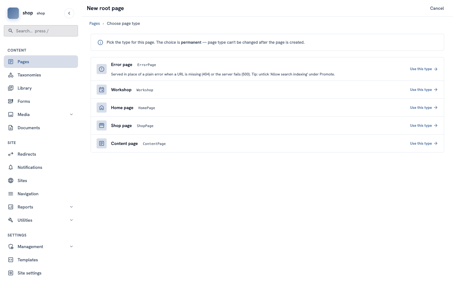 The list of page types: Error page, Workshop, Home page, Shop page and Content page