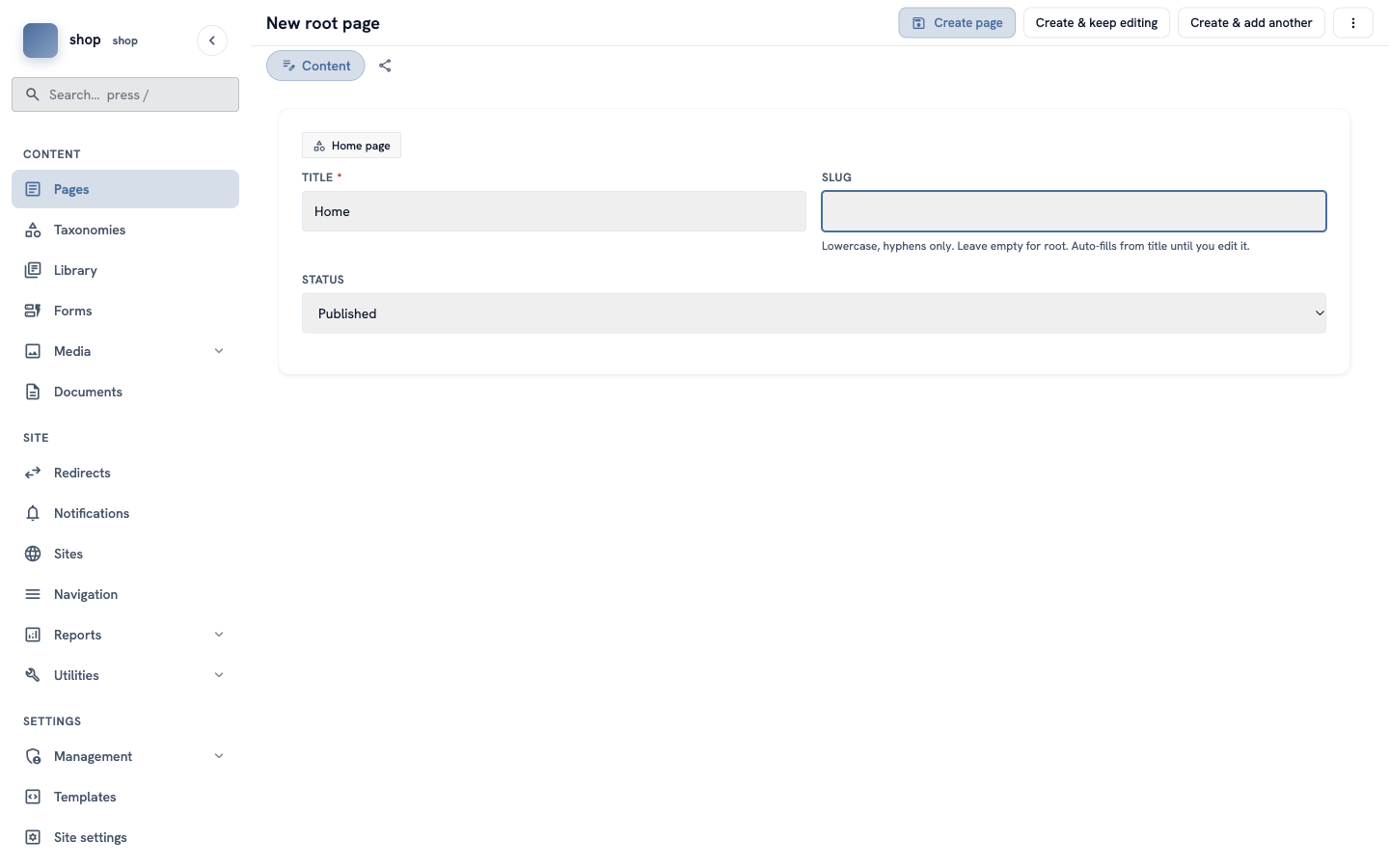The new page form: title "Home", an empty slug box and the status "Published"