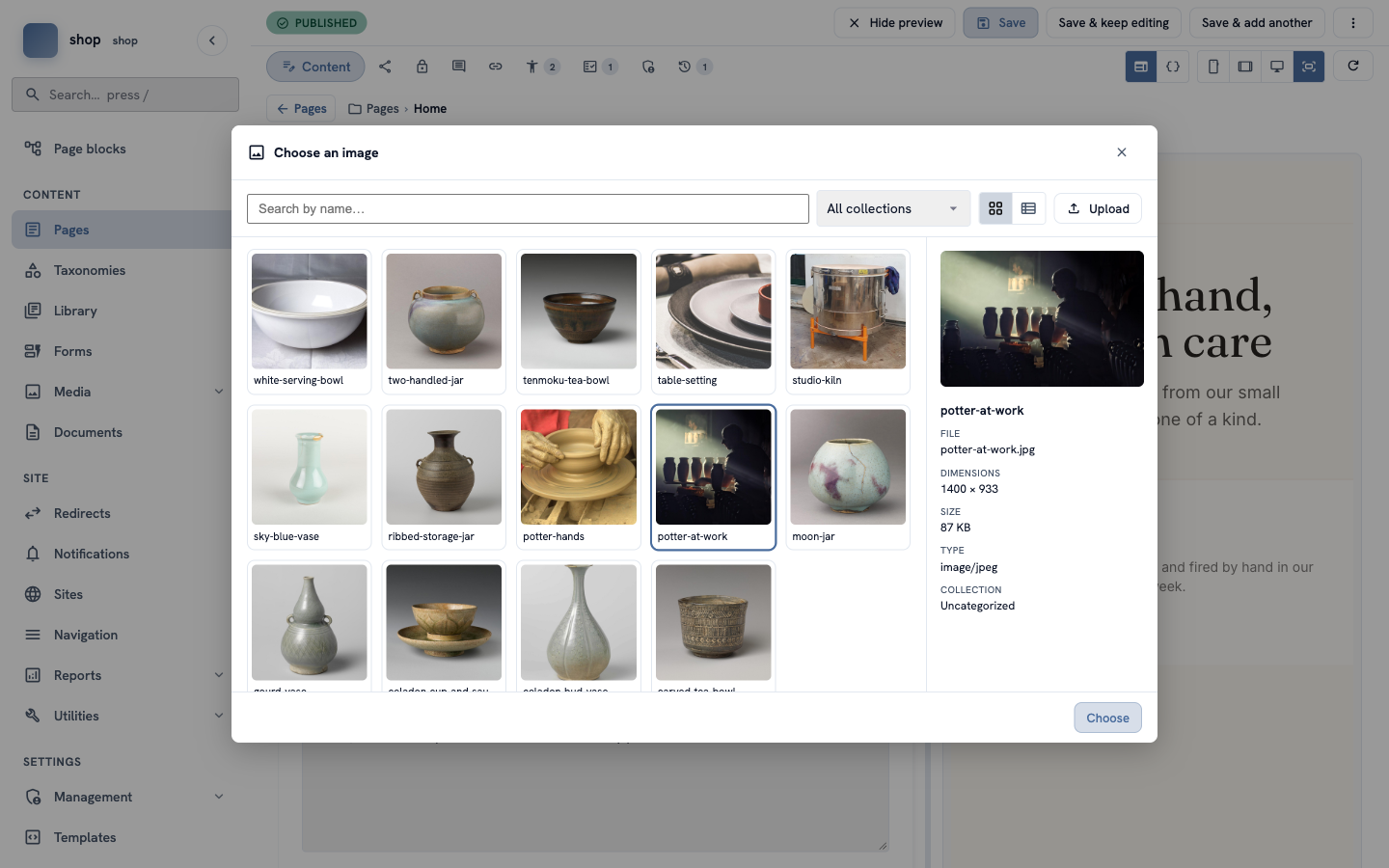 The "Choose an image" window with all photos. The photo "potter-at-work" is selected and its details are on the right