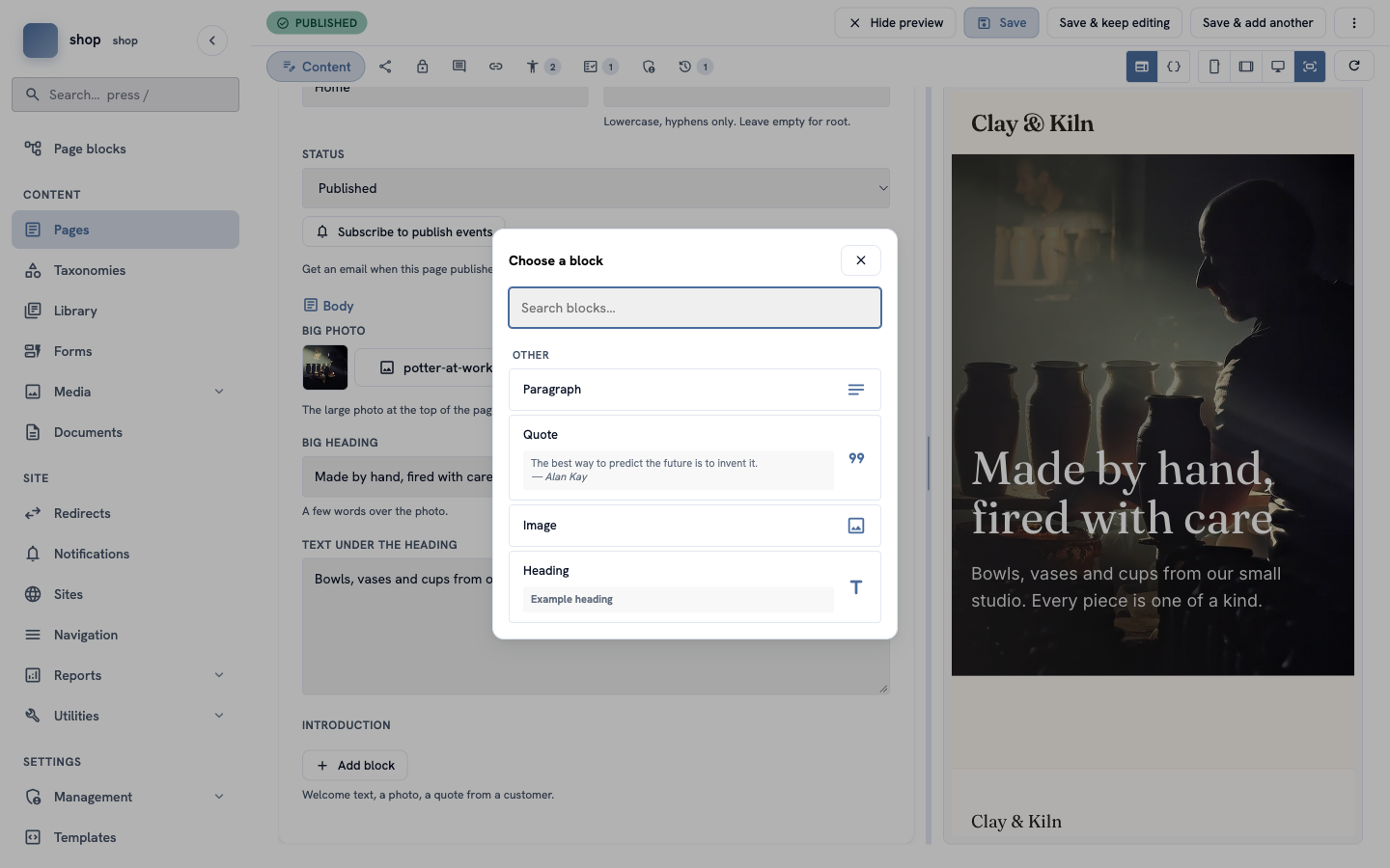 The "Choose a block" window with Paragraph, Quote, Image and Heading. On the right, the preview shows the big photo with the heading