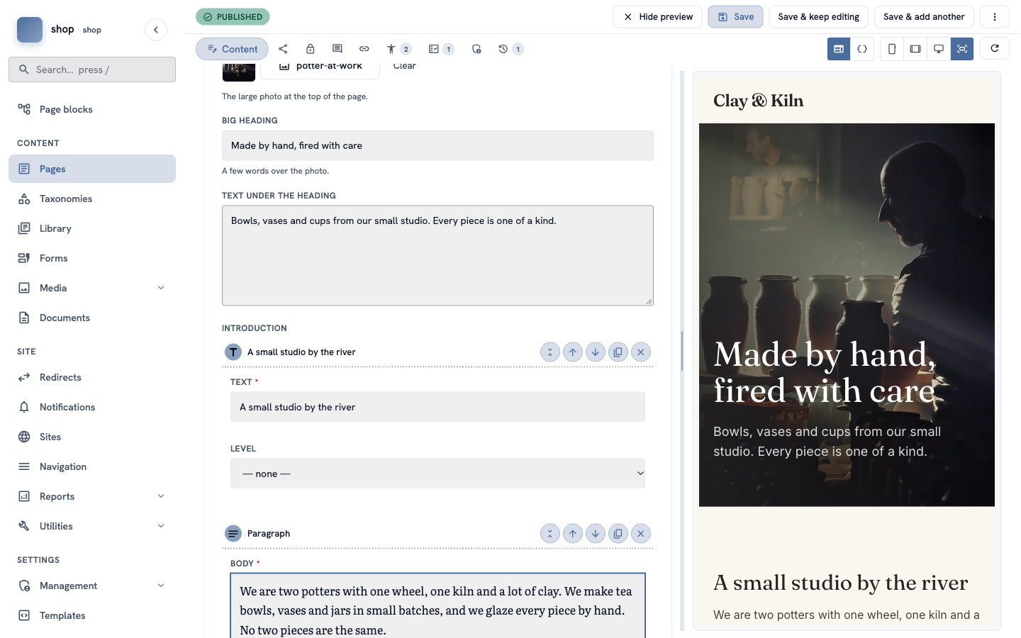 The Introduction with a Heading block and a Paragraph block. The preview shows the new heading under the big photo