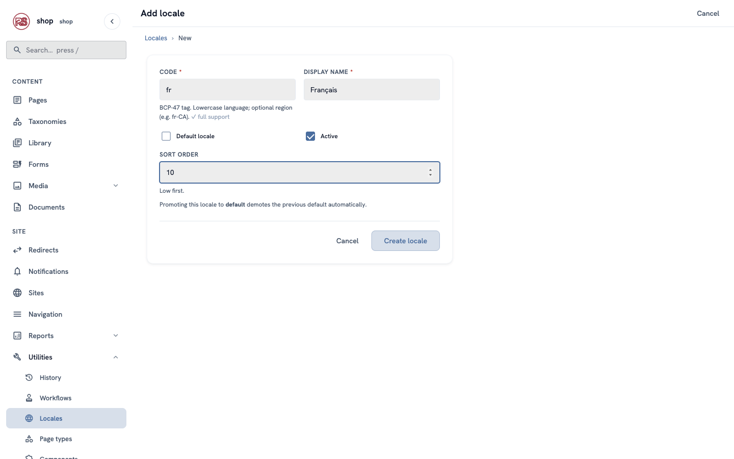 The Add locale form: code fr, display name Français, Active ticked