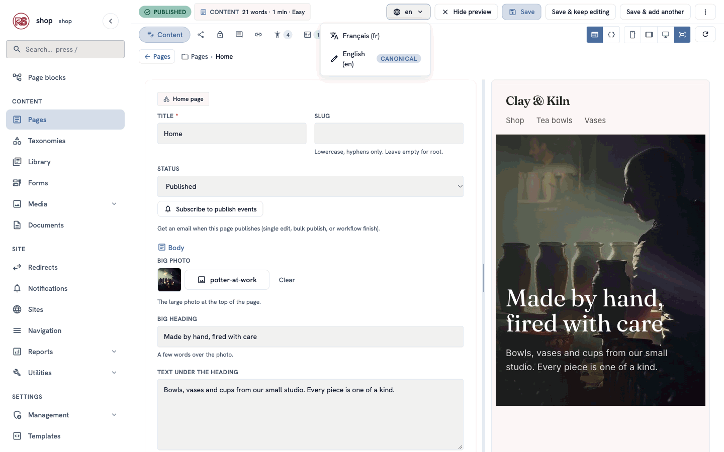 The language menu in the page editor: Français (fr) and English (en), canonical
