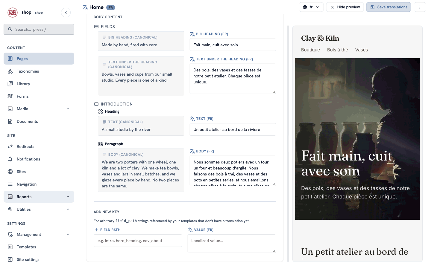Body content: the home page's texts with their French translations, and the French preview on the right