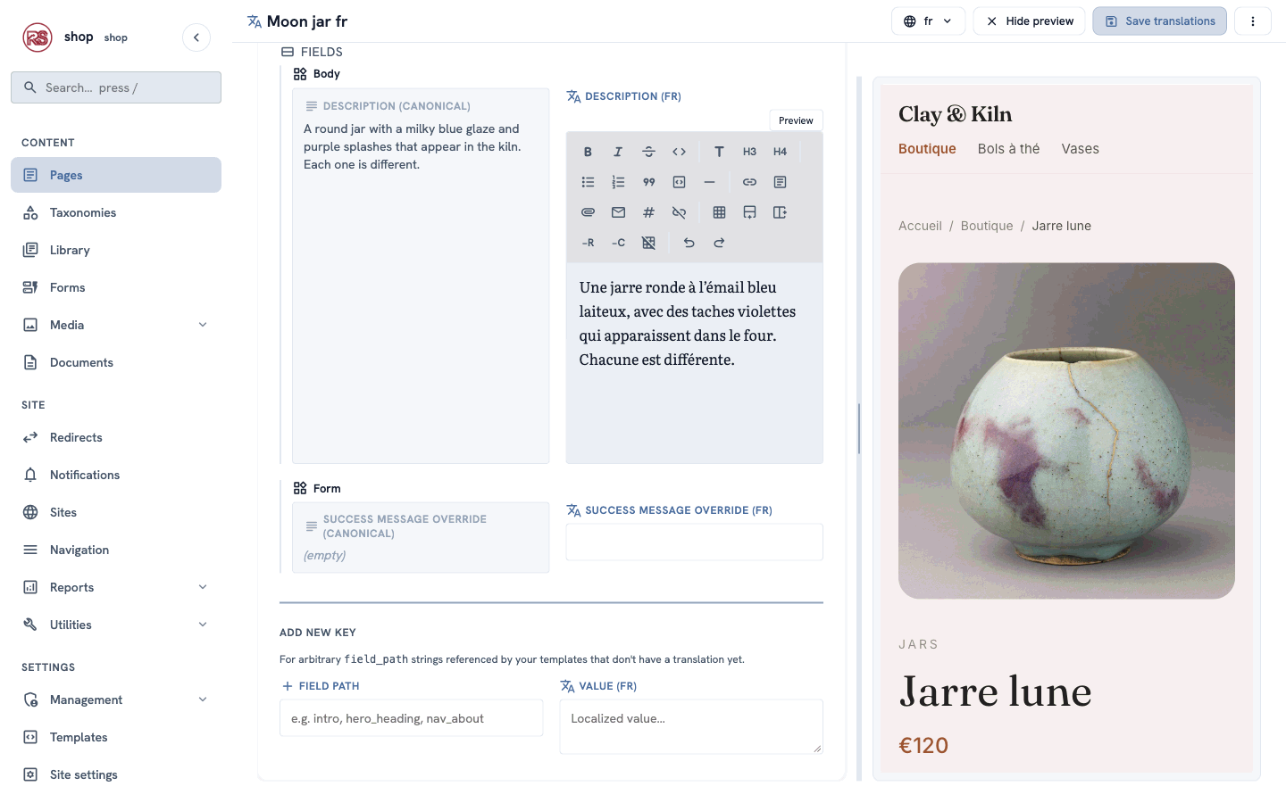 Moon jar in translation mode: the English description on the left, the French one on the right, the French product page in the preview