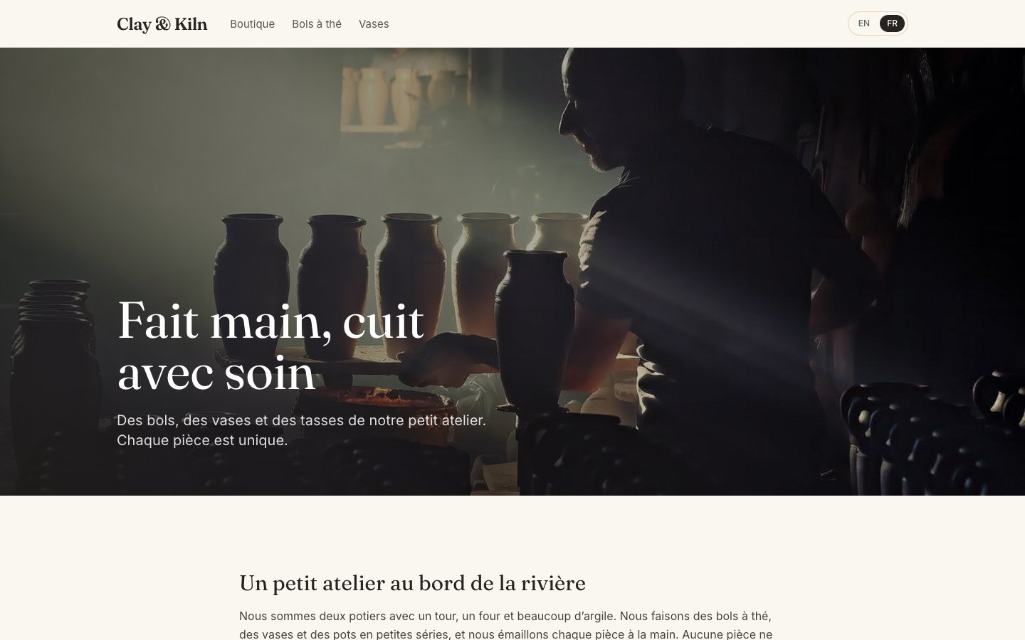 The French home page: Boutique, Bols à thé, Vases in the menu and the French heading over the photo