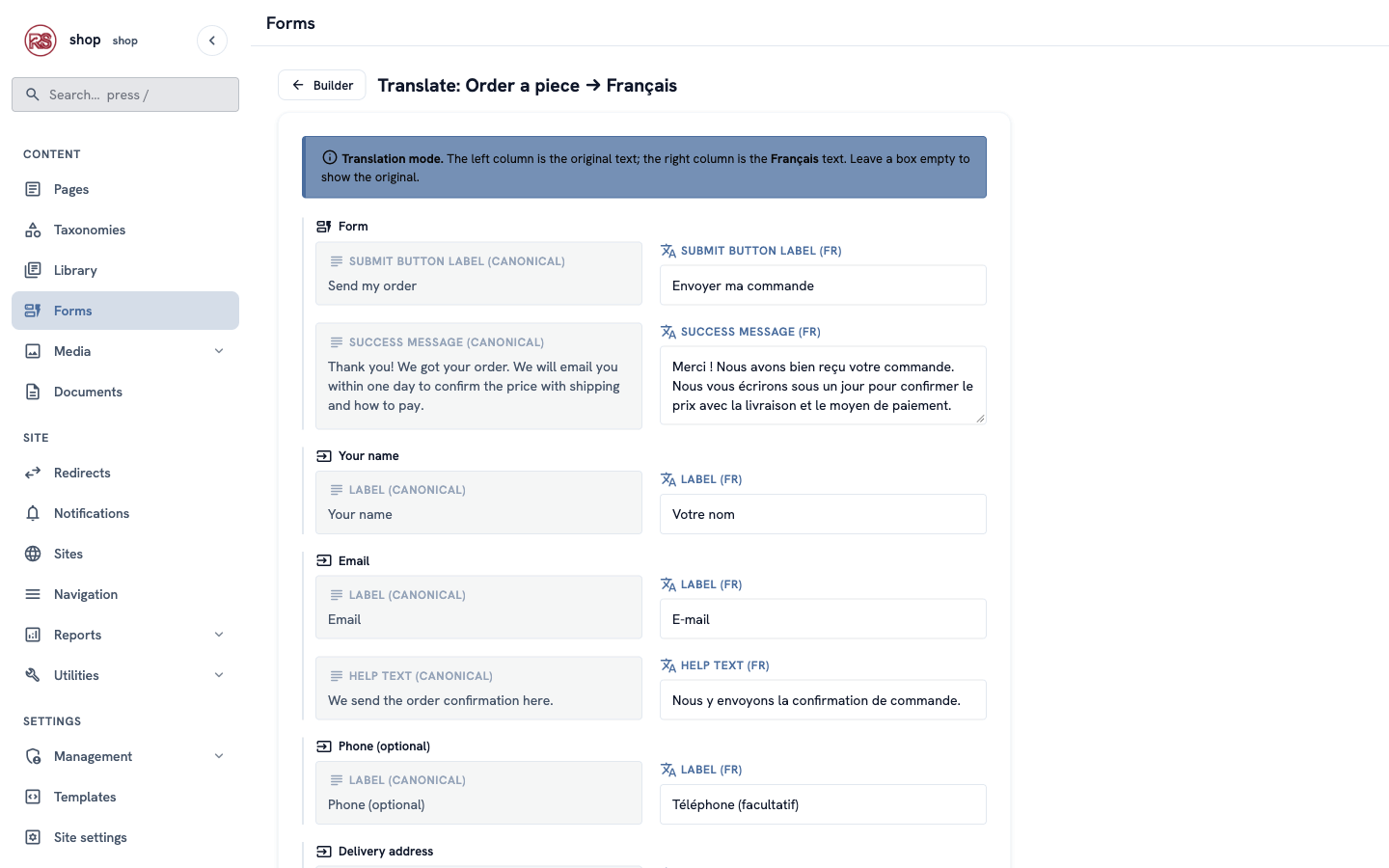 The form translation screen: the Form group with the button label and success message, then the Your name and Email fields
