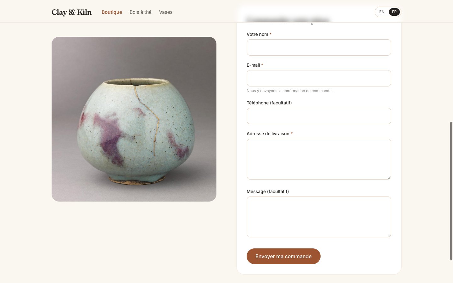 The French order form: Votre nom, E-mail, Adresse de livraison and the button Envoyer ma commande