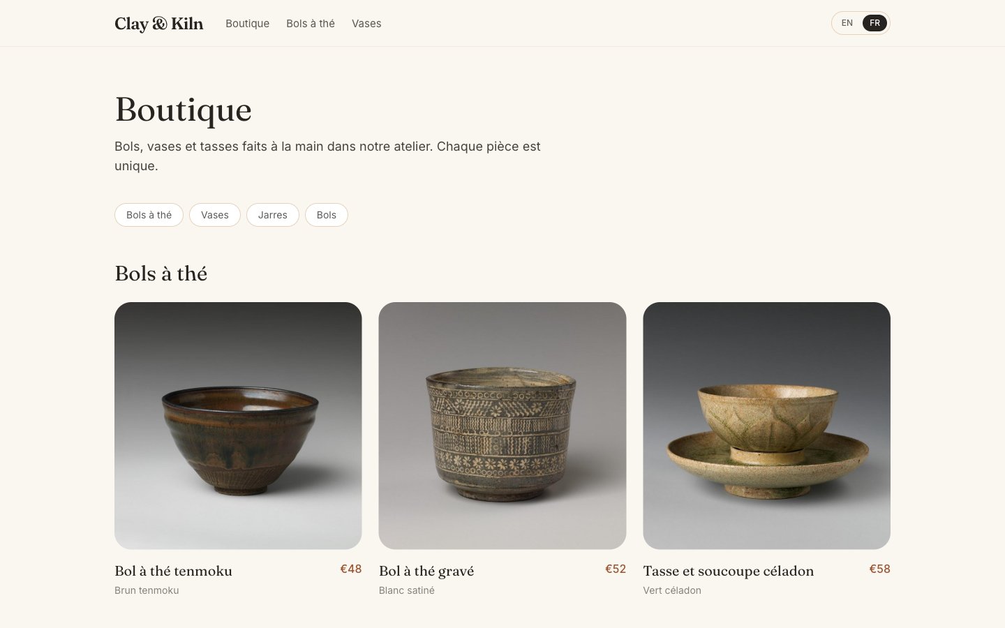 The French shop page: the categories Bols à thé, Vases, Jarres, Bols, and products such as Bol à thé tenmoku — Brun tenmoku