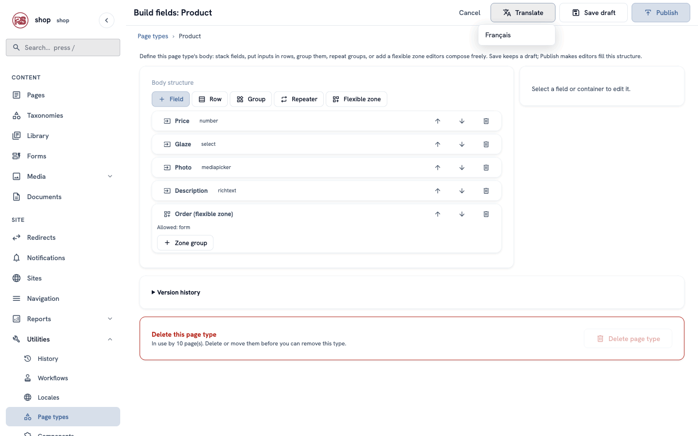 The Product field builder with the Translate menu open: Français