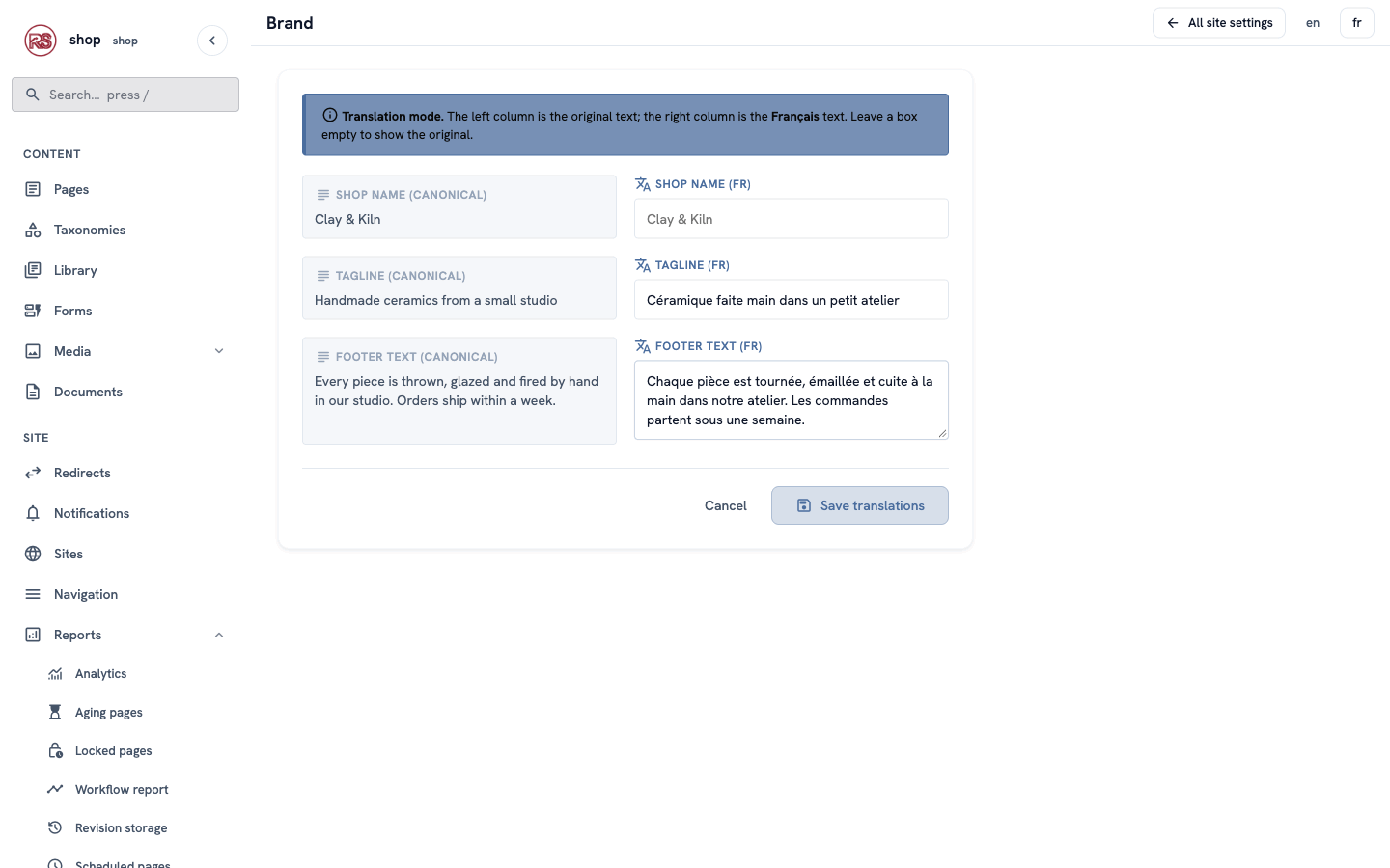 The Brand settings in translation mode: Shop name, Tagline and Footer text, English on the left and French on the right