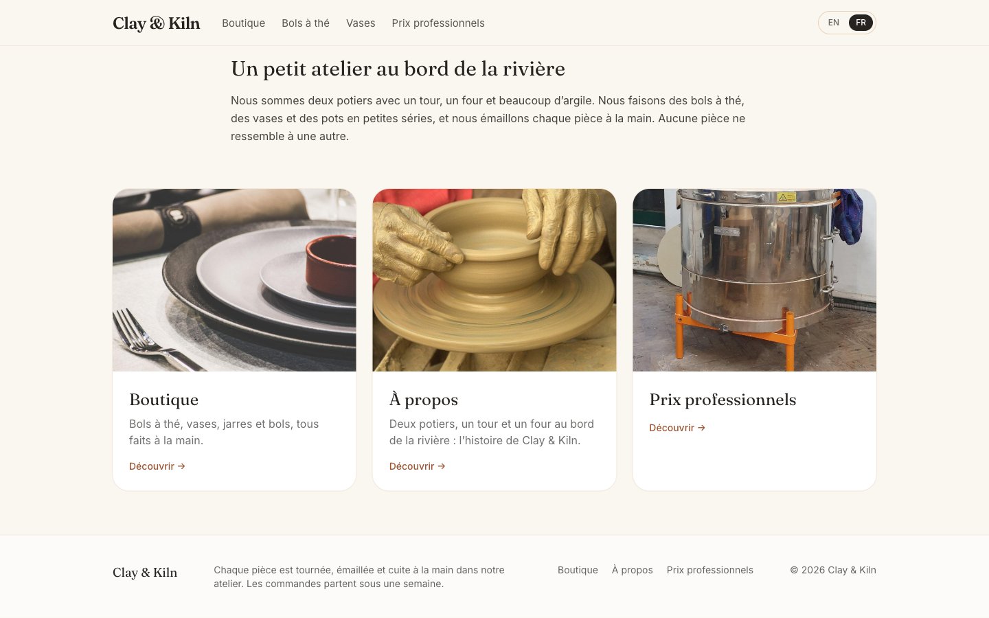 The bottom of the French home page: the cards Boutique, À propos and Prix professionnels, and the French footer text