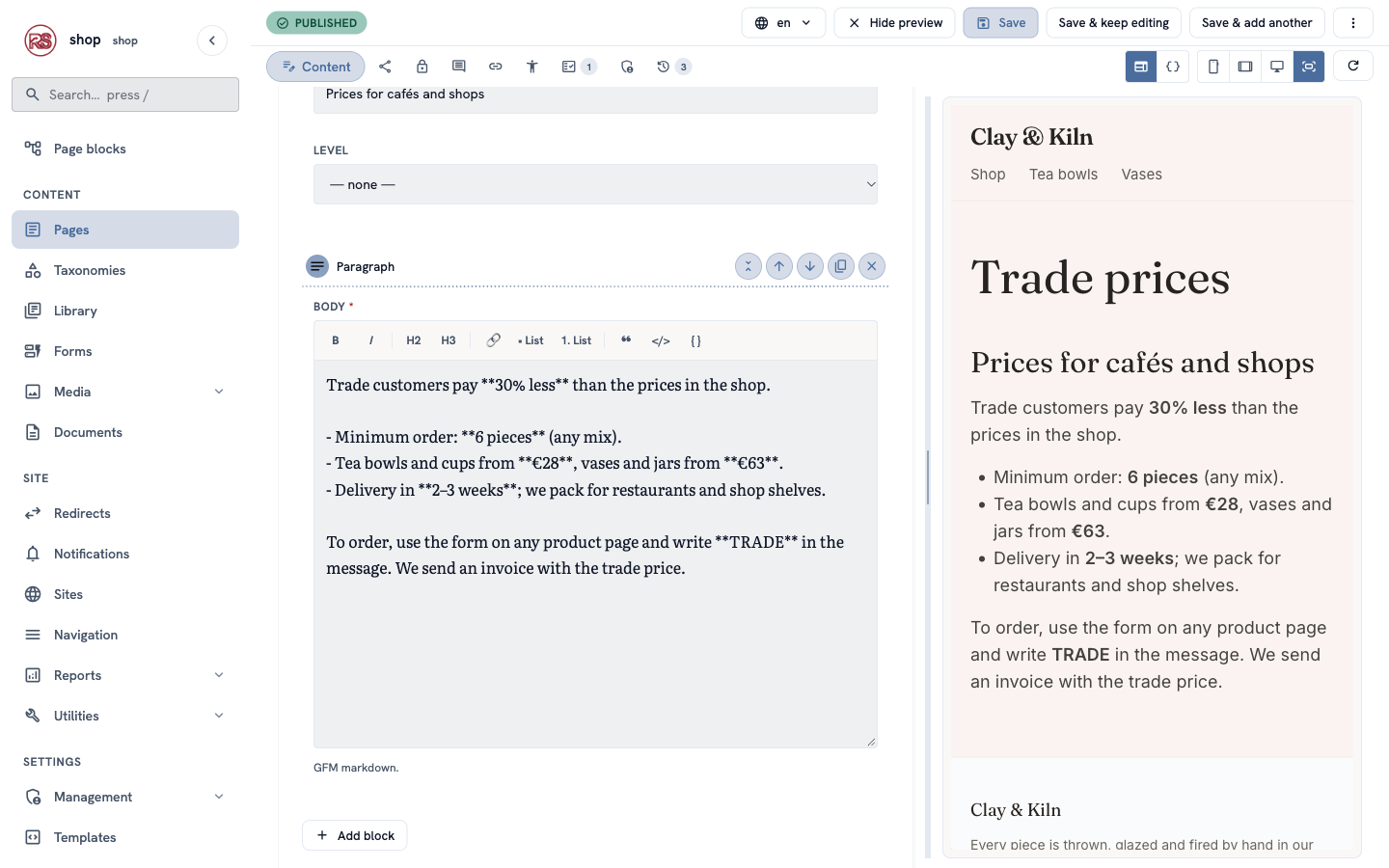 The Trade prices editor: the Paragraph block with the trade terms, and the preview on the right