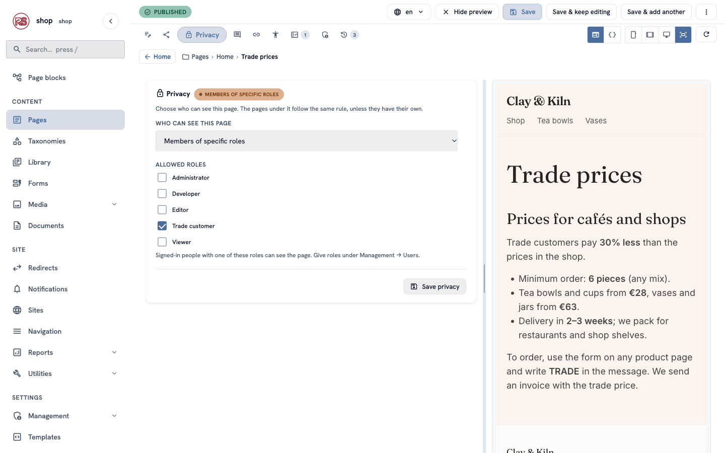 The Privacy tab: Members of specific roles, with Trade customer ticked