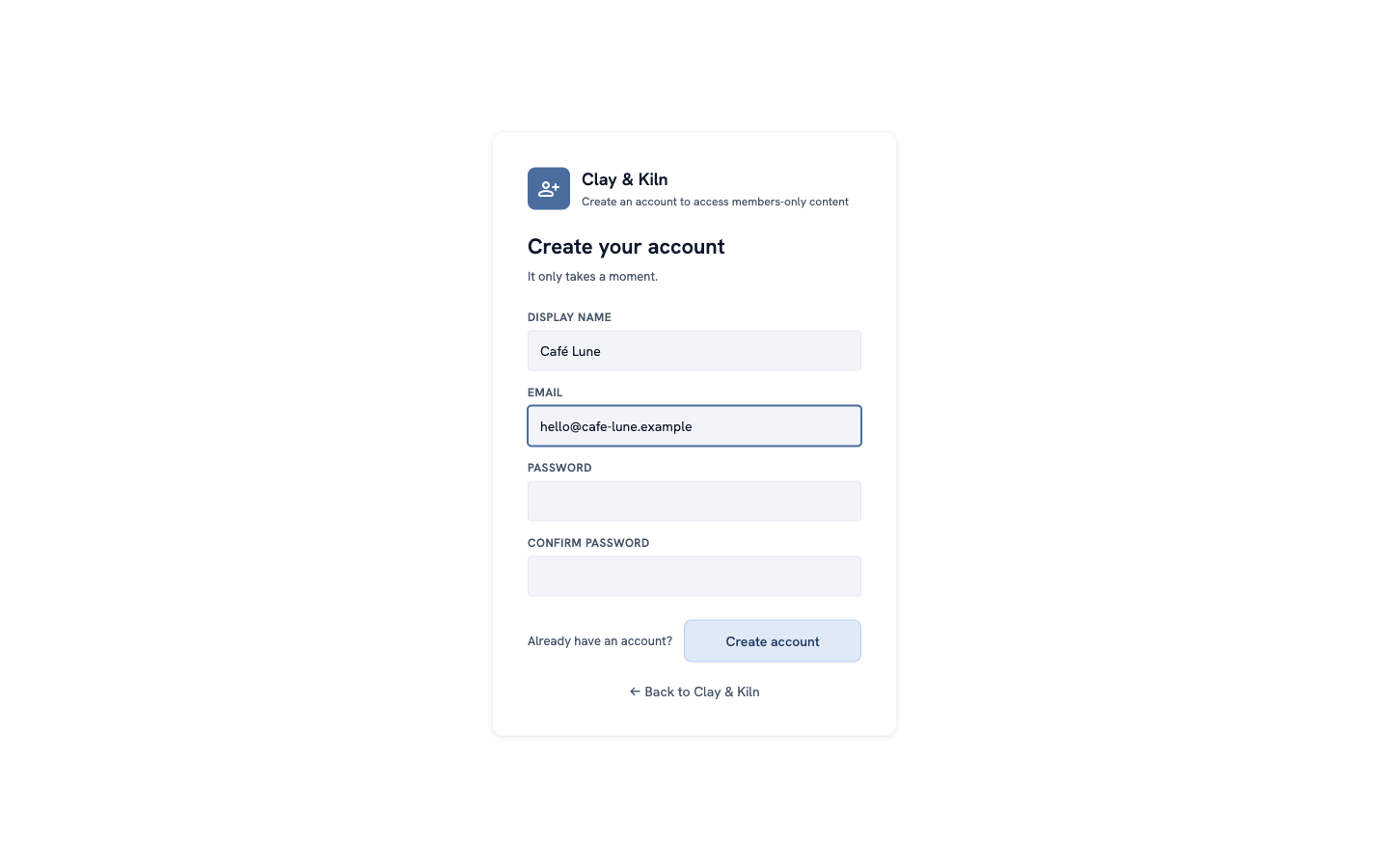 The Create your account form, filled in for Café Lune