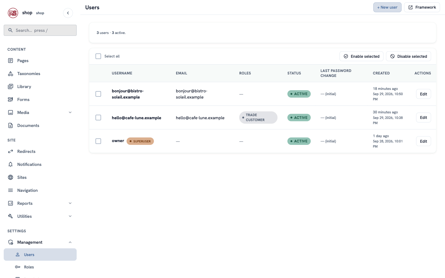 The Users list: bonjour@bistro-soleil.example with no role, hello@cafe-lune.example with Trade customer, and owner